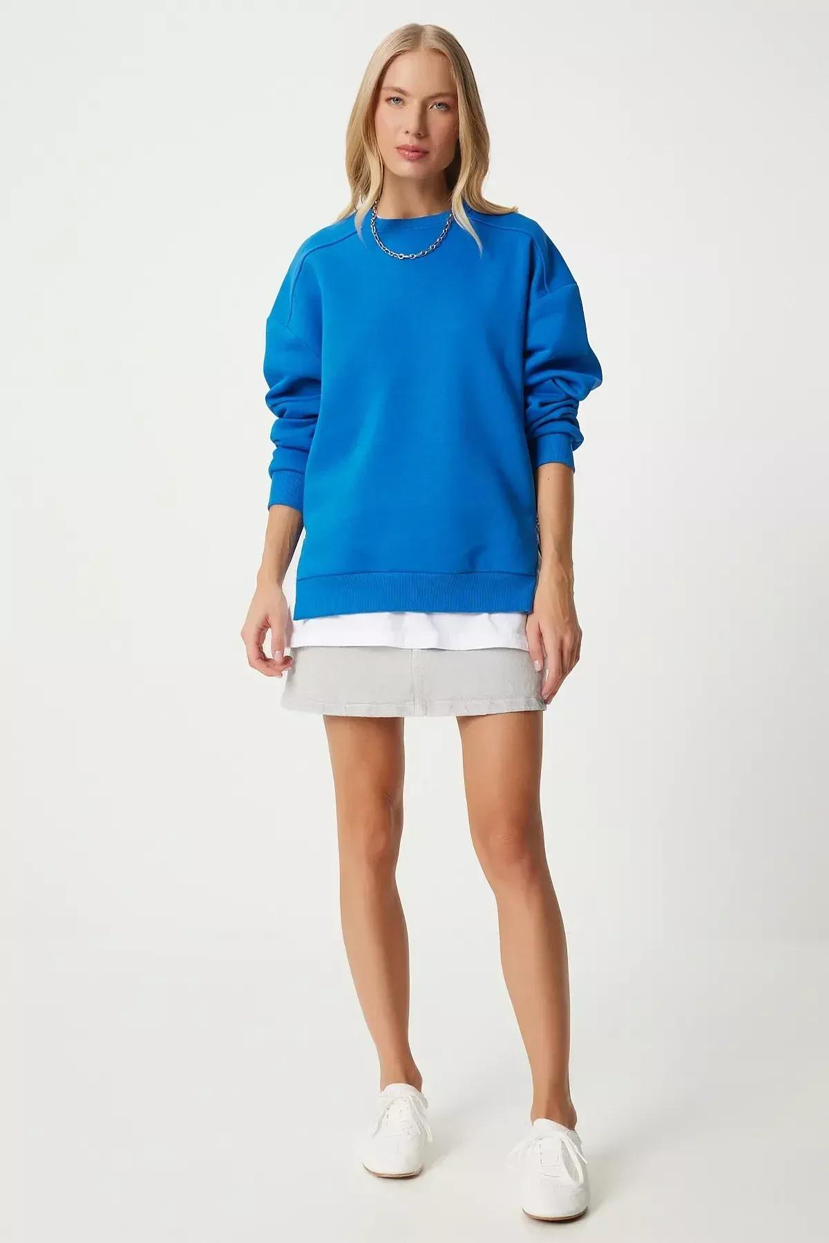 Blue Zipper Raised Knitted Sweatshirt, Blue, large image number 3