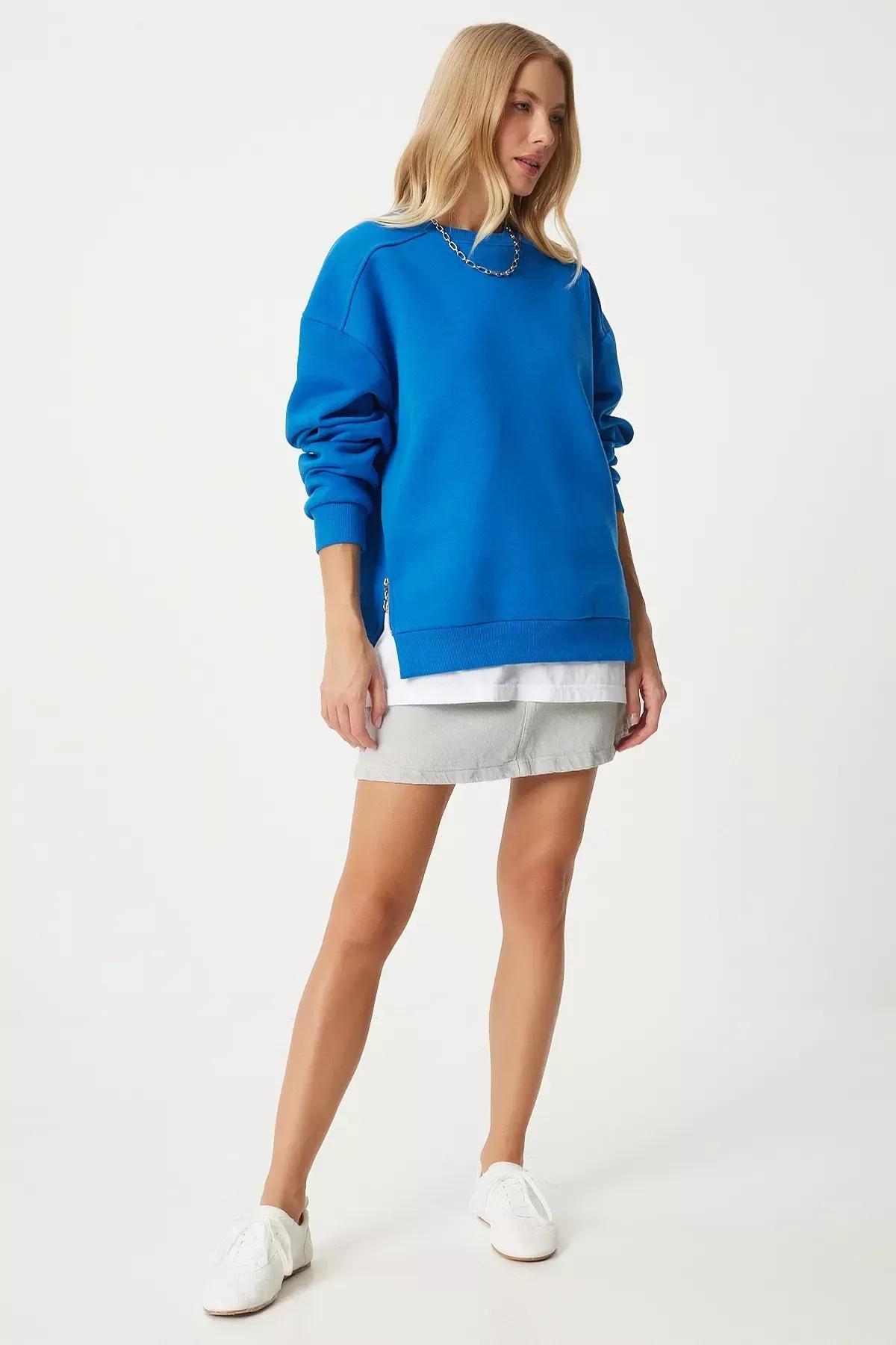Blue Zipper Raised Knitted Sweatshirt, Blue, large image number 4