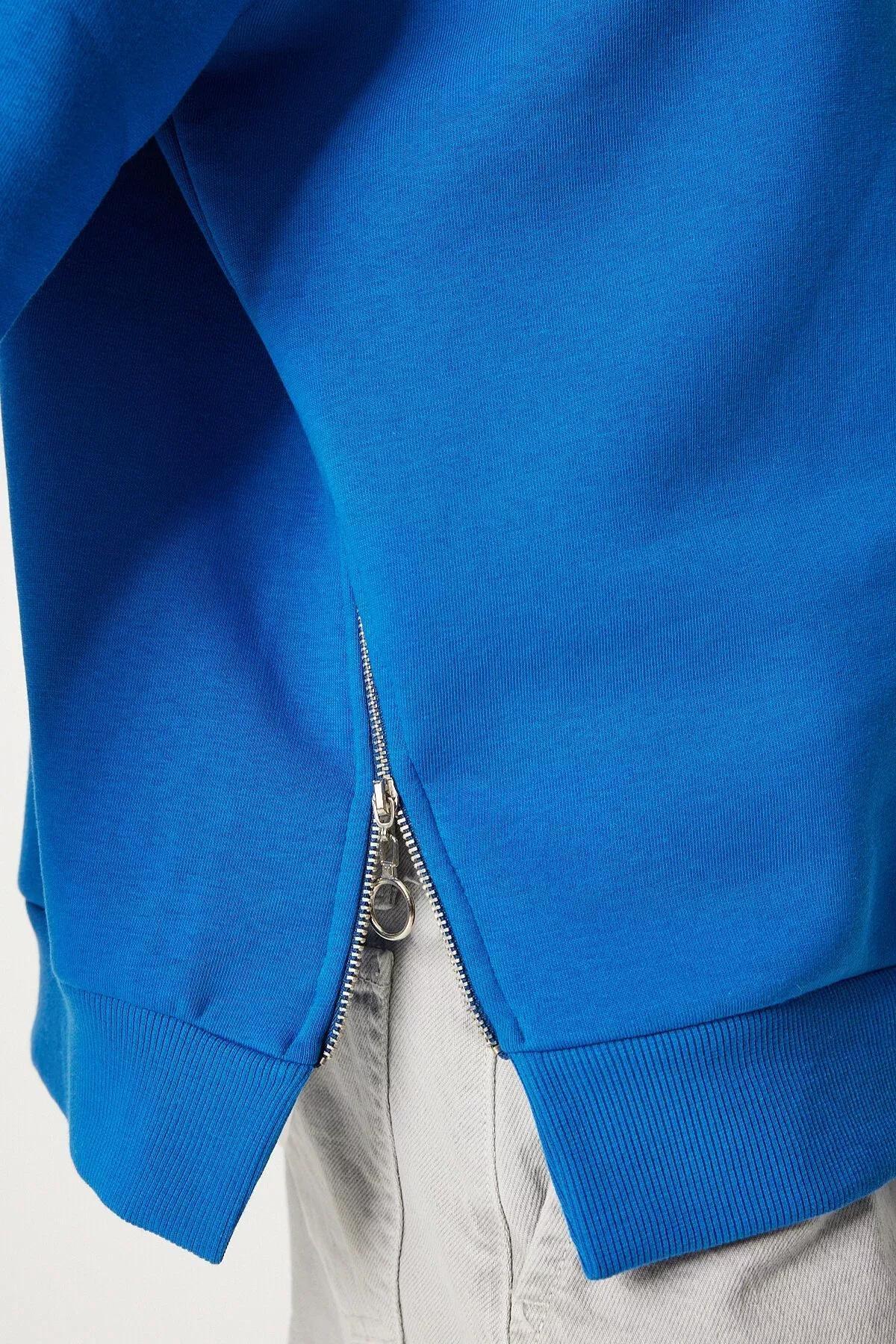 Blue Zipper Raised Knitted Sweatshirt, Blue, large image number 5