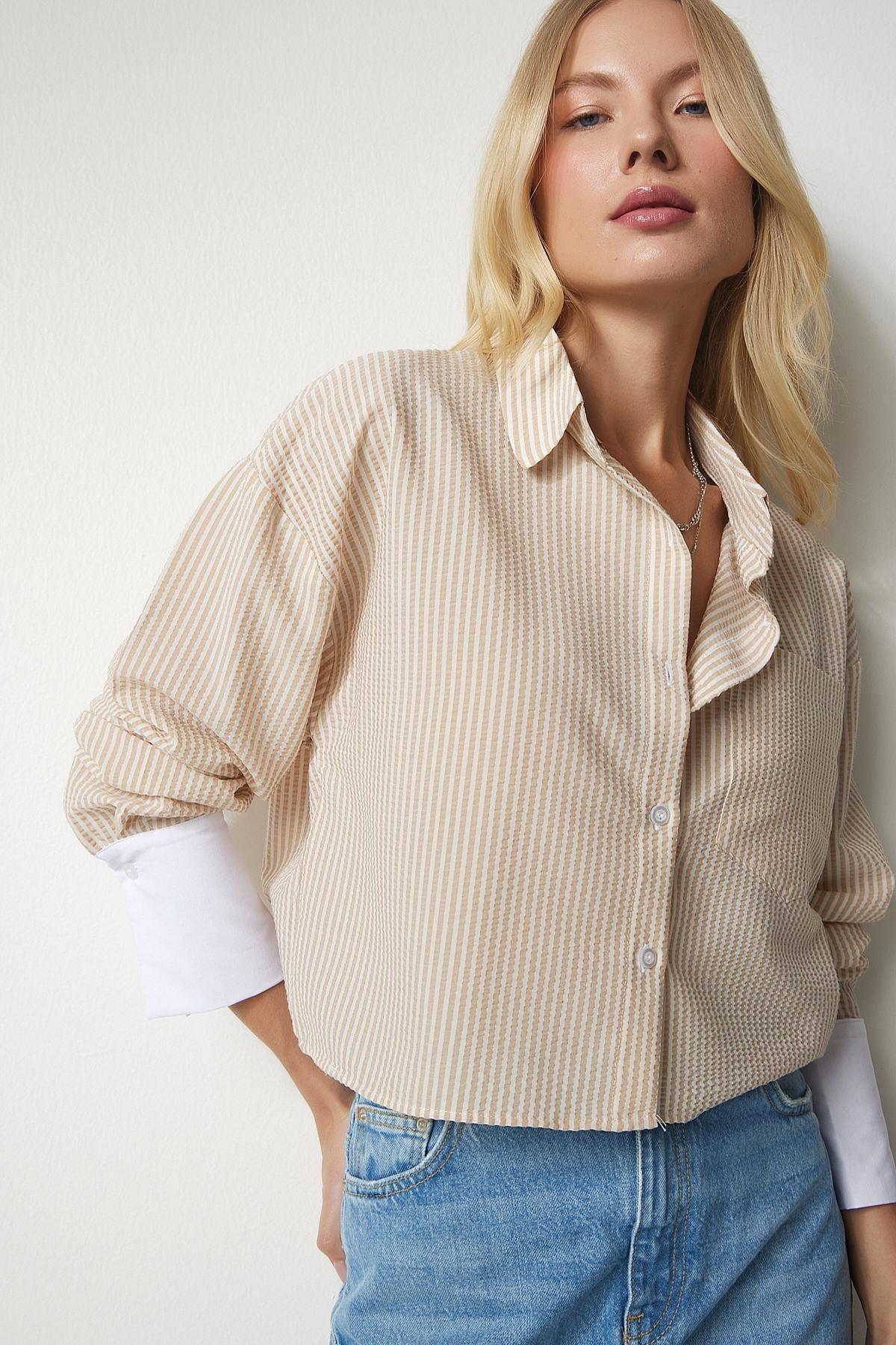Beige Pin Stripe Crop Shirt, Beige, large image number 1