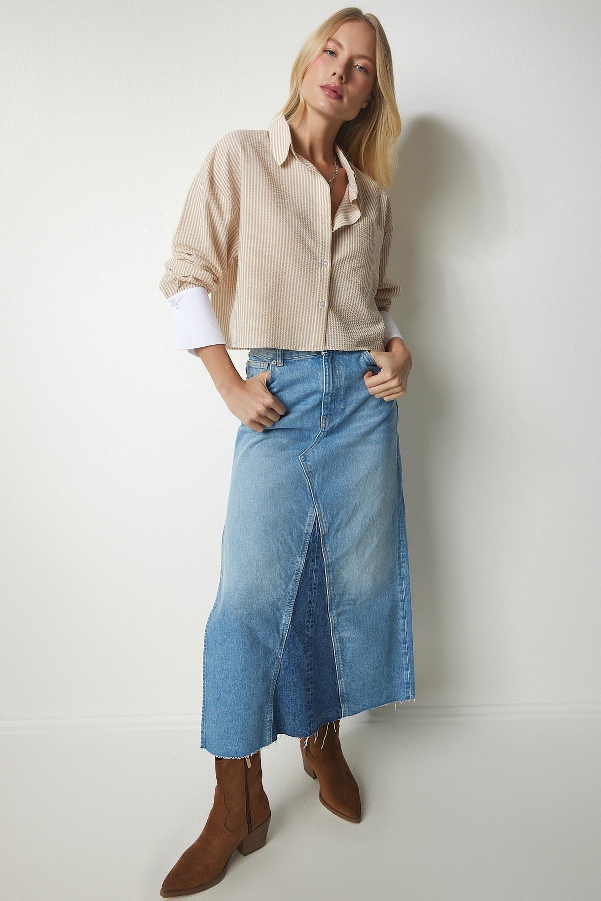 Beige Pin Stripe Crop Shirt, Beige, large image number 3