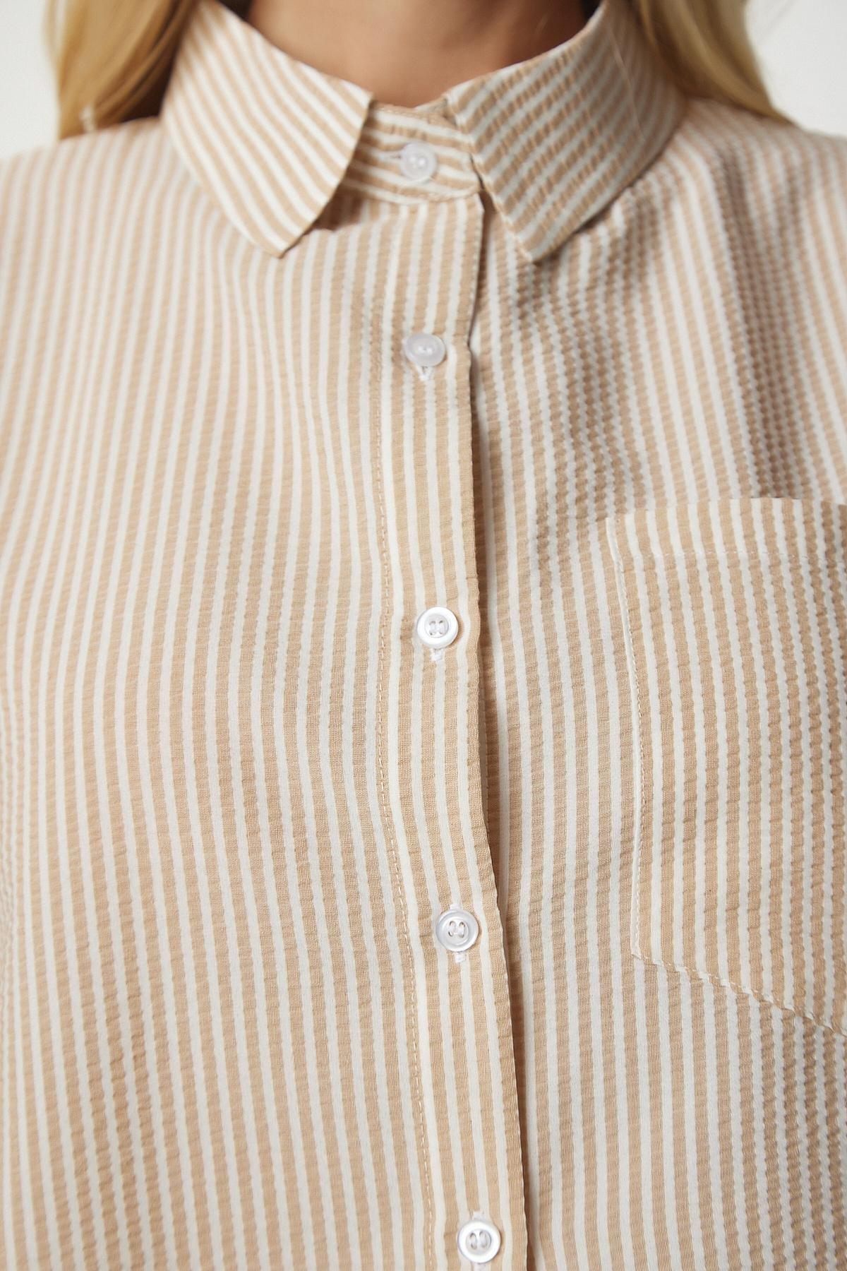 Beige Pin Stripe Crop Shirt, Beige, large image number 4