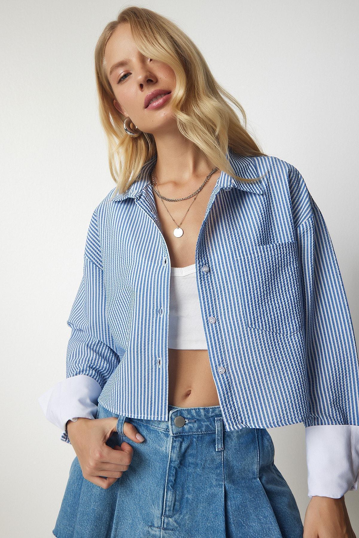 Blue Pin Stripe Crop Shirt, SKY BLUE, large image number 0