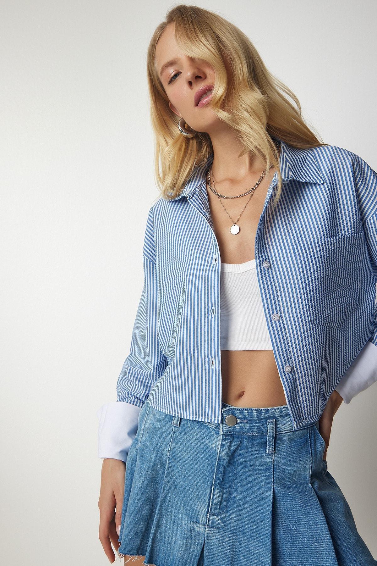 Blue Pin Stripe Crop Shirt, SKY BLUE, large image number 1