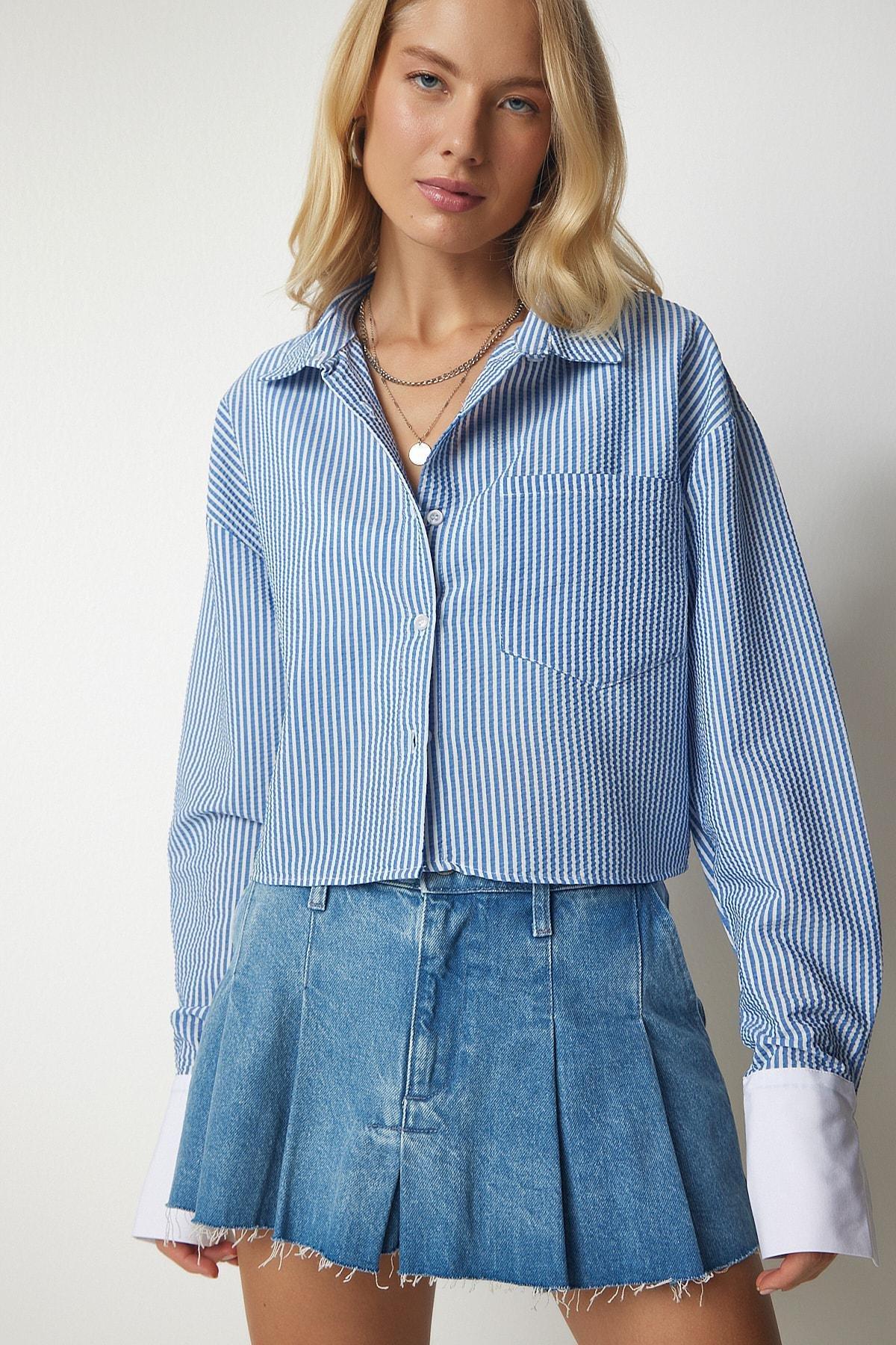 Blue Pin Stripe Crop Shirt, SKY BLUE, large image number 2