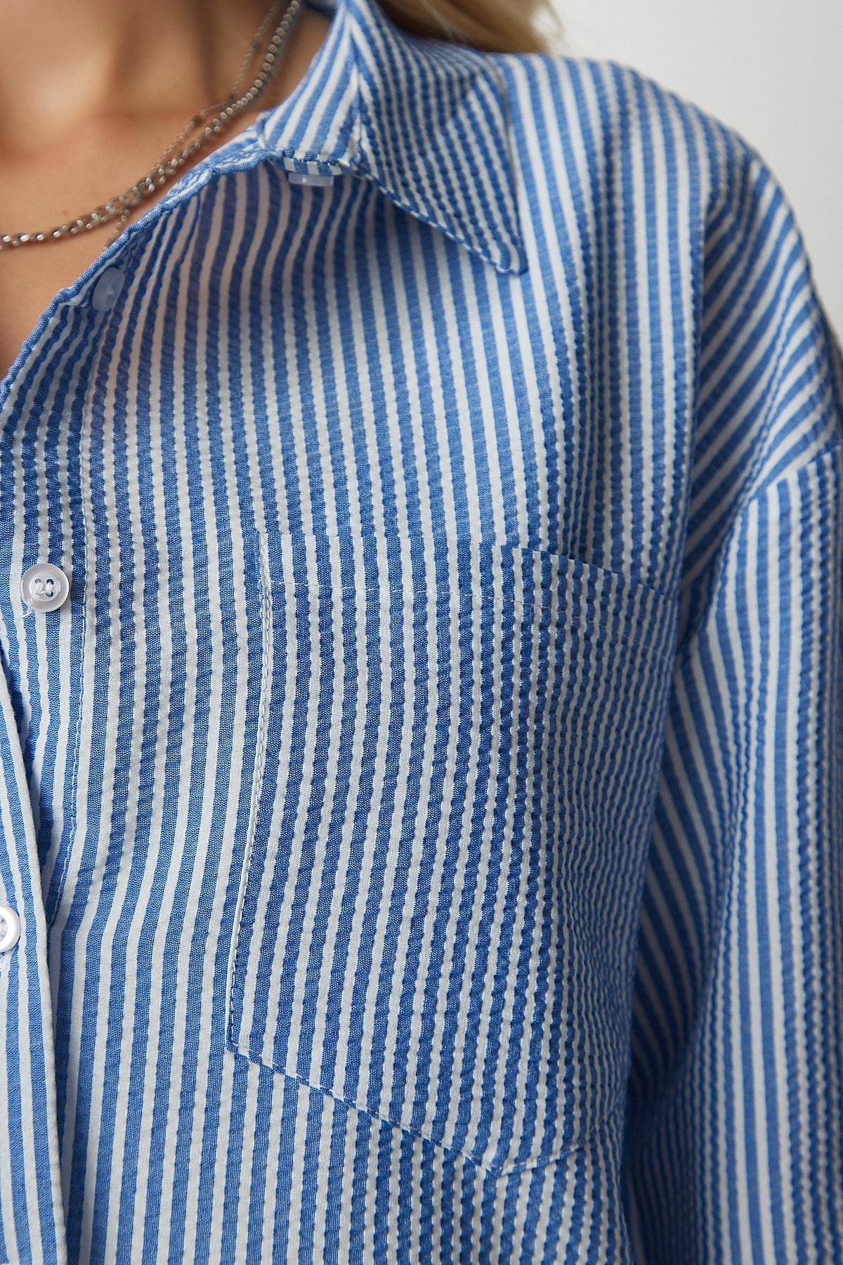 Blue Pin Stripe Crop Shirt, SKY BLUE, large image number 3