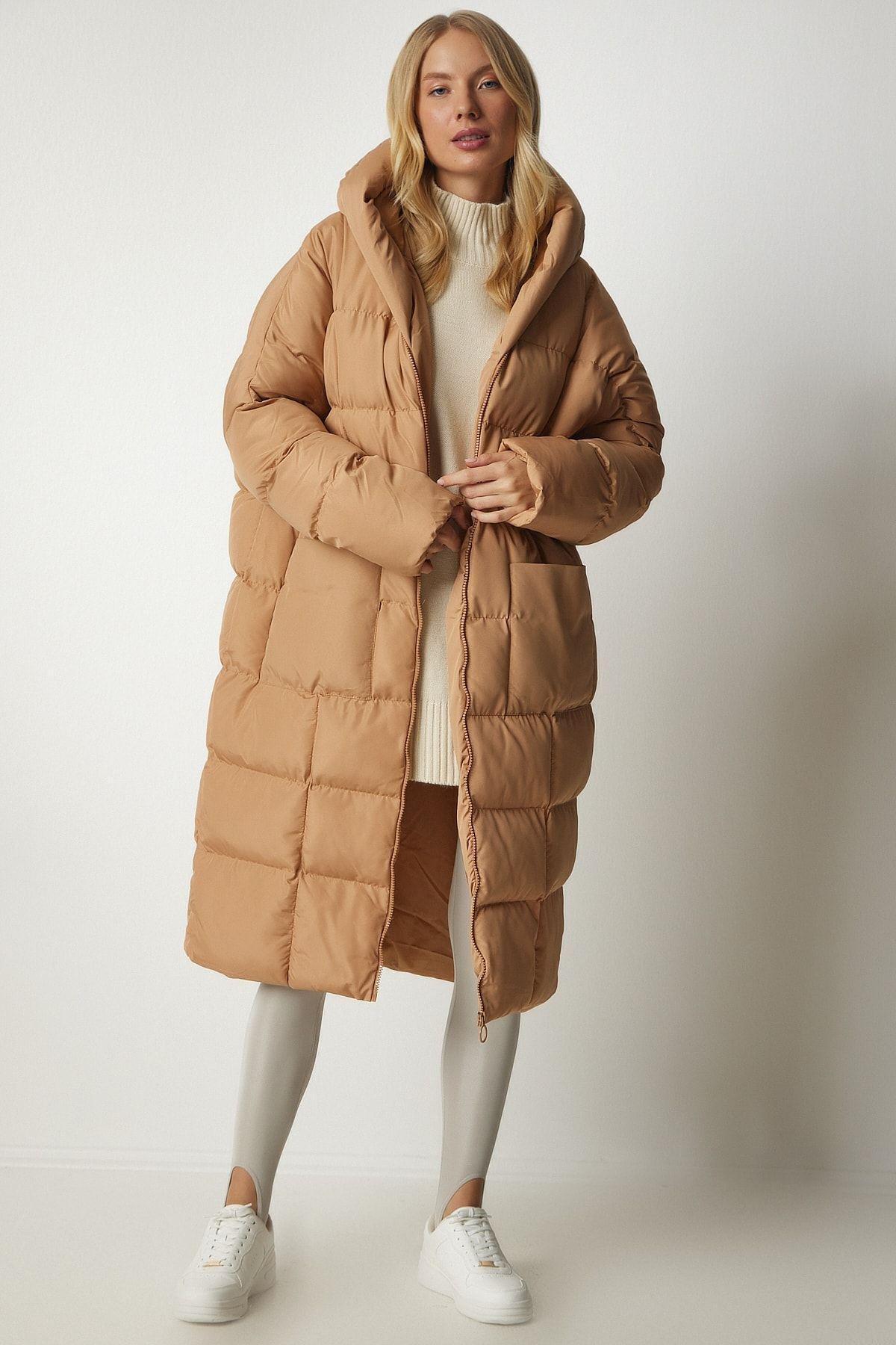 Beige Hooded Oversized Long Down Coat, C101_1451, large image number 0