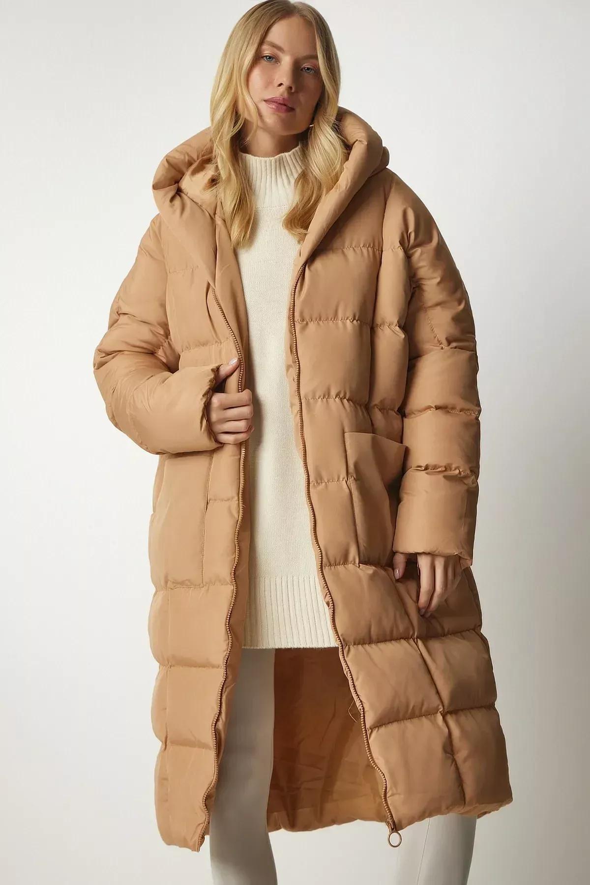 Beige Hooded Oversized Long Down Coat, C101_1451, large image number 1