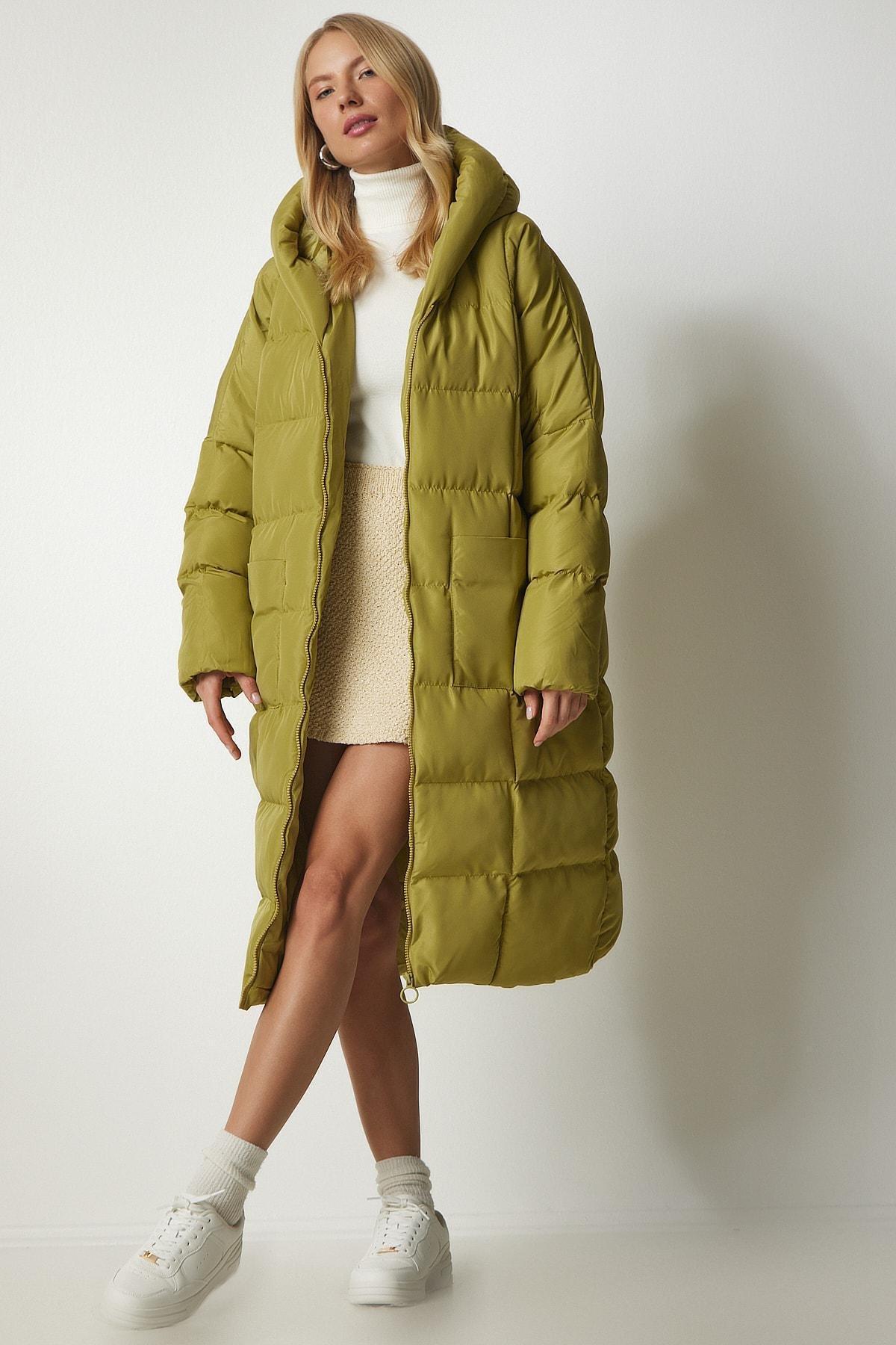 Womens Oil Green Hooded Oversized Long Down Coat NT00428, single, , large image number 0