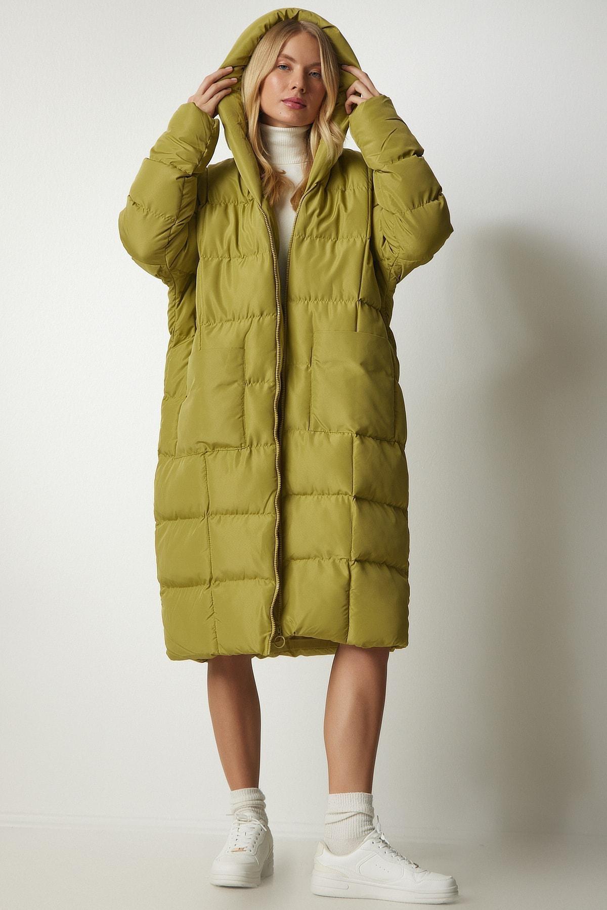 Womens Oil Green Hooded Oversized Long Down Coat NT00428, single, , large image number 1