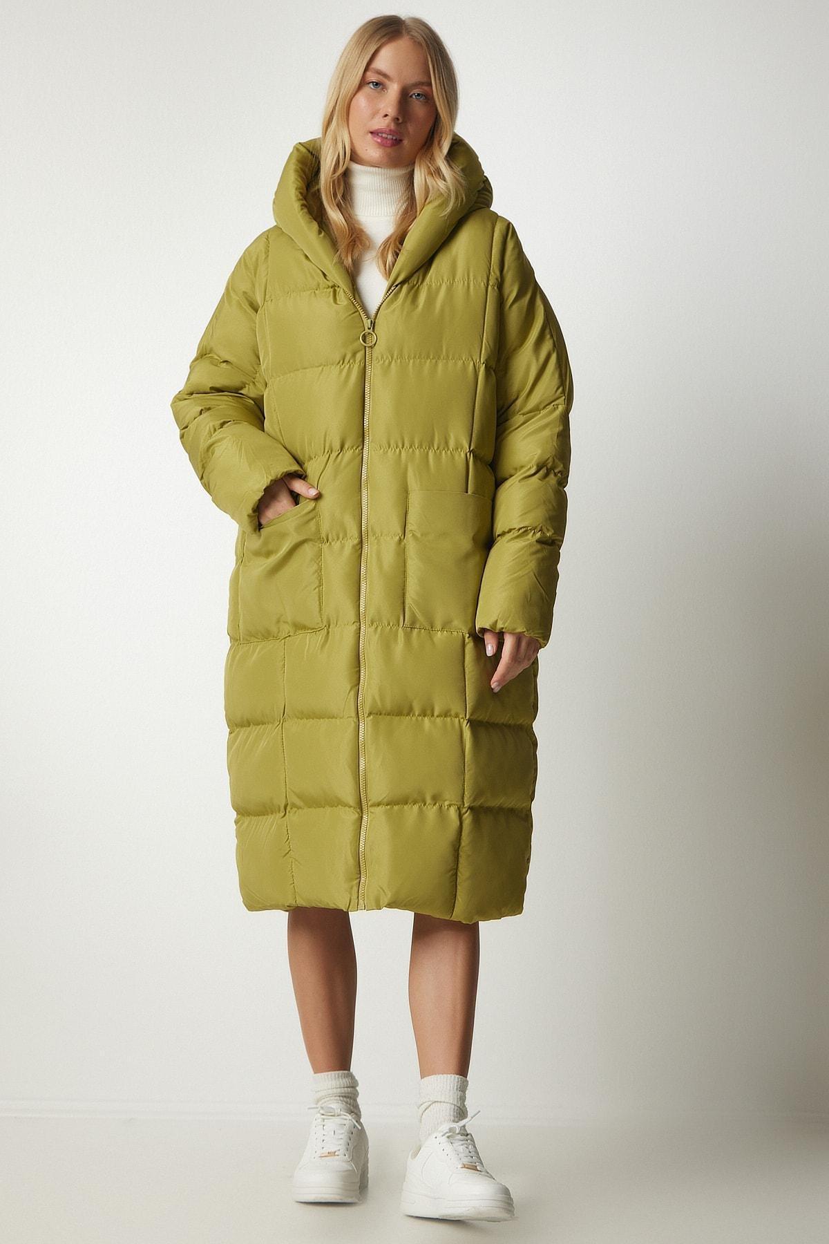 Womens Oil Green Hooded Oversized Long Down Coat NT00428, single, , large image number 2