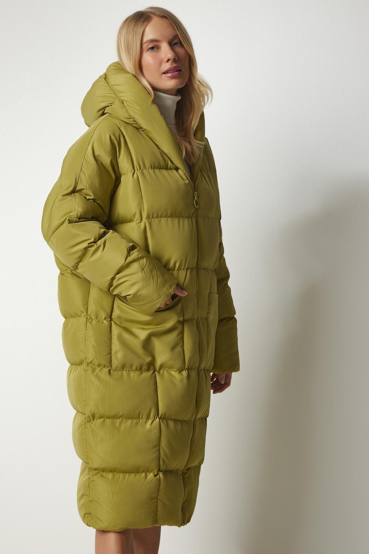 Womens Oil Green Hooded Oversized Long Down Coat NT00428, single, , large image number 3
