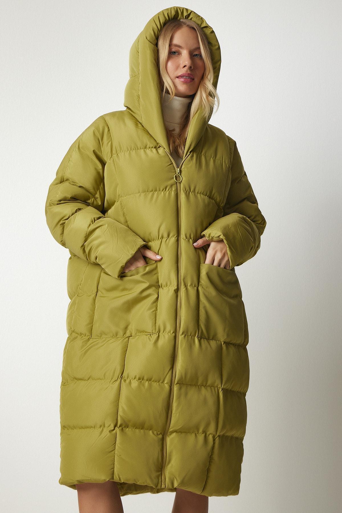 Womens Oil Green Hooded Oversized Long Down Coat NT00428, single, , large image number 4