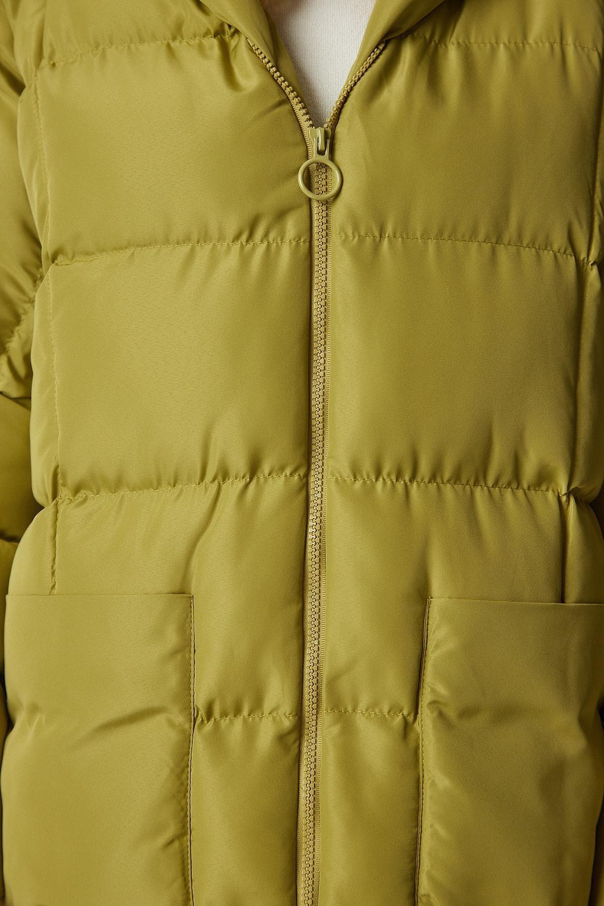 Womens Oil Green Hooded Oversized Long Down Coat NT00428, single, , large image number 5