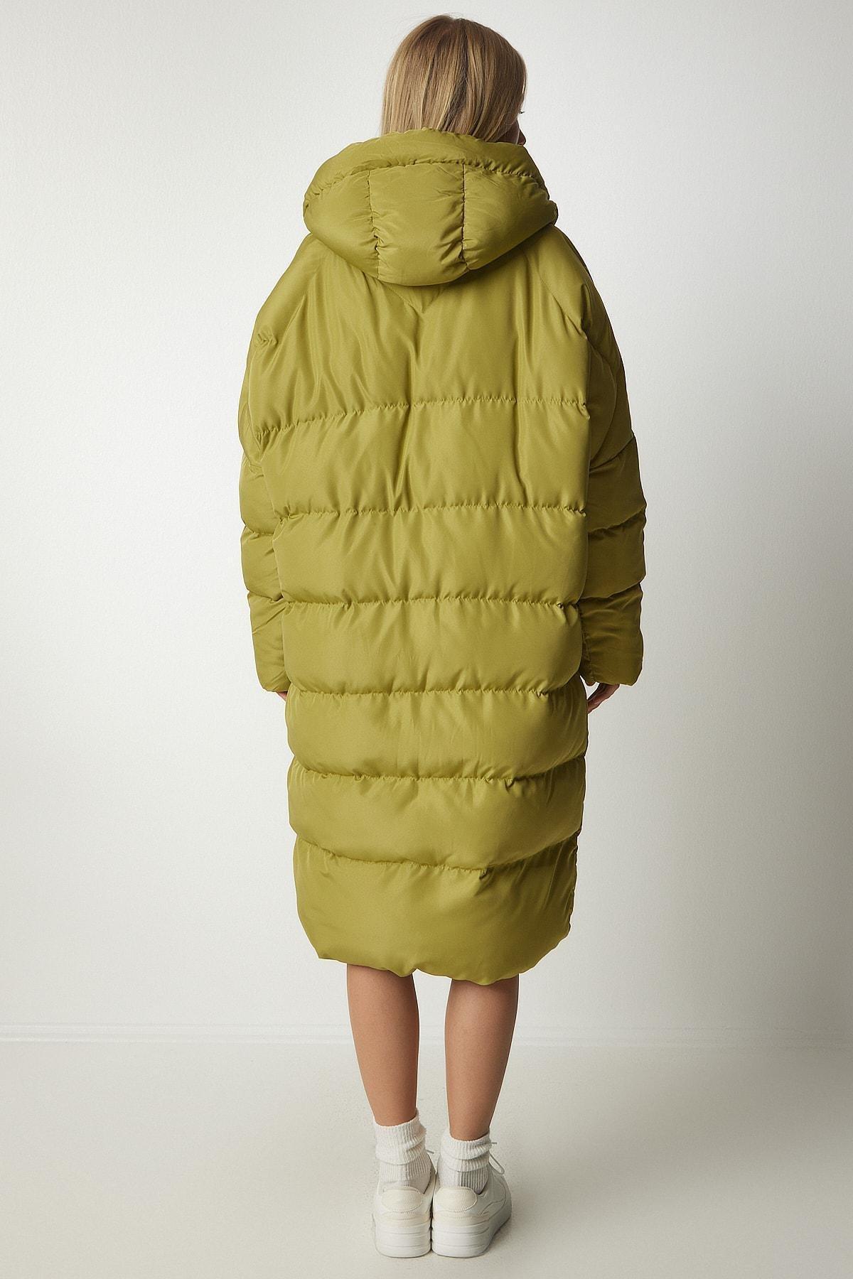 Womens Oil Green Hooded Oversized Long Down Coat NT00428, single, , large image number 6