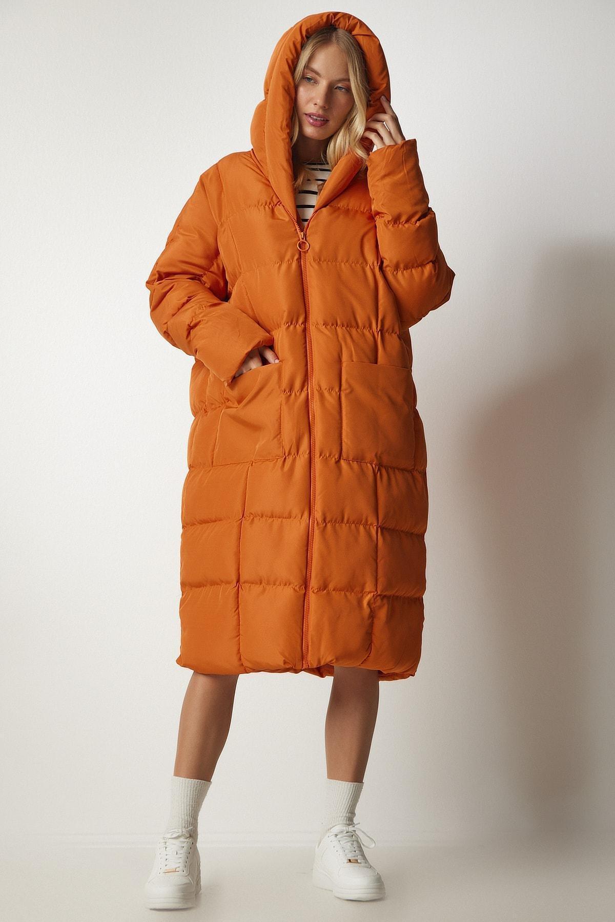 Orange Hooded Oversized Long Down Coat, , large image number 2
