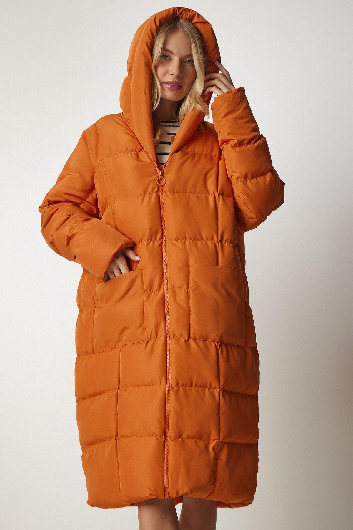 Orange Hooded Oversized Long Down Coat, , large image number 3