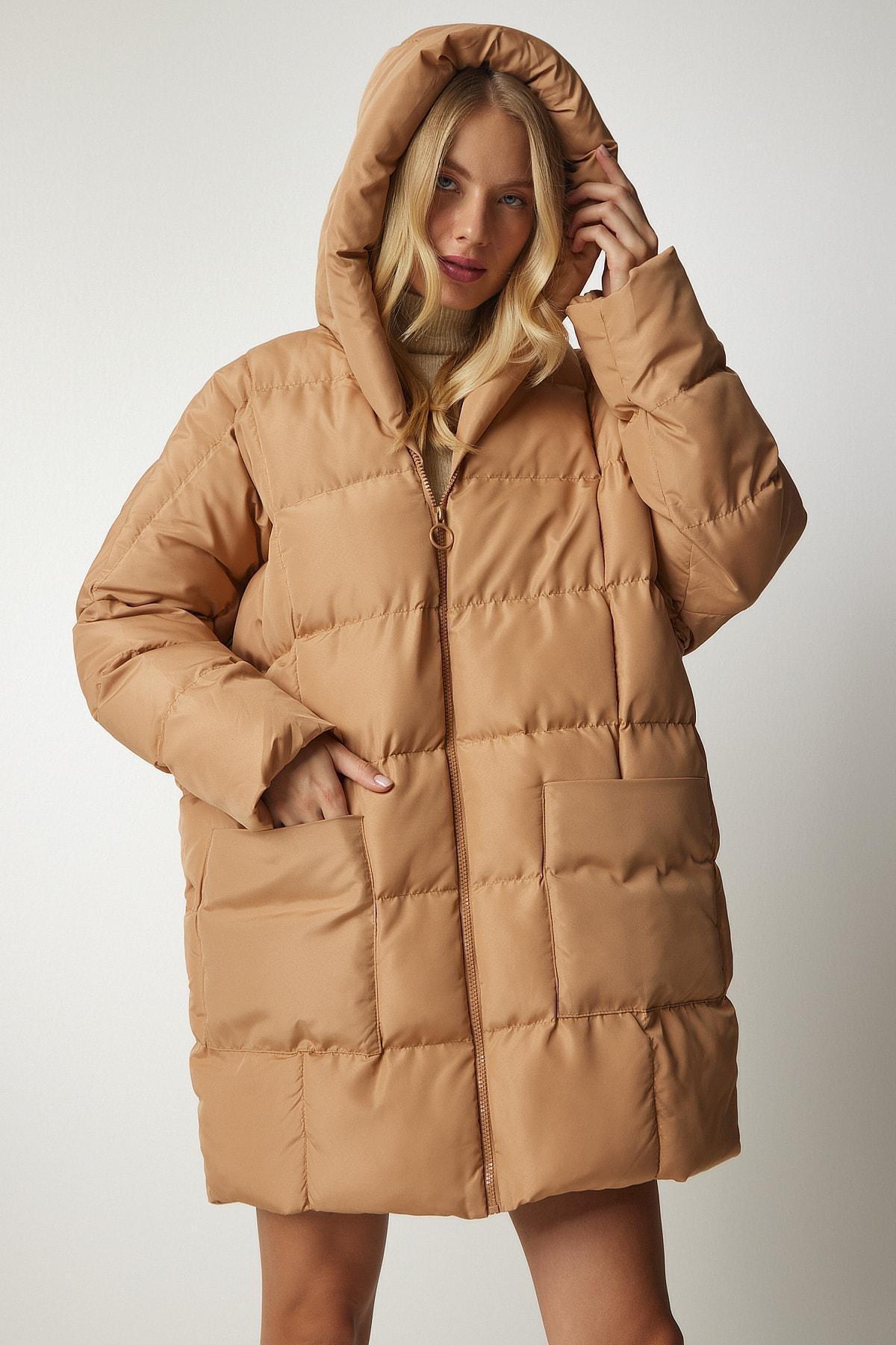 Happiness Istanbul - Beige Hooded Oversized Puffer Coat