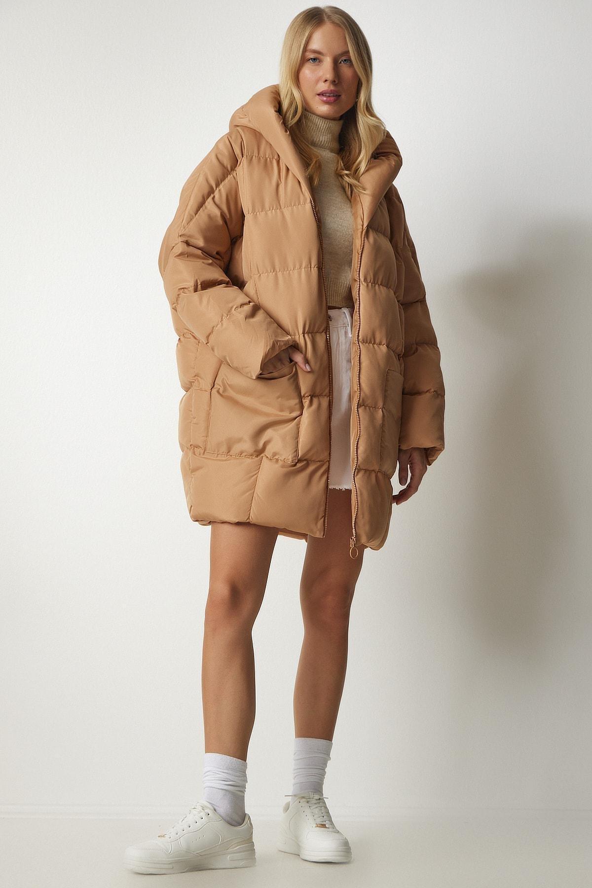 Beige Hooded Oversized Puffer Coat, , large image number 1