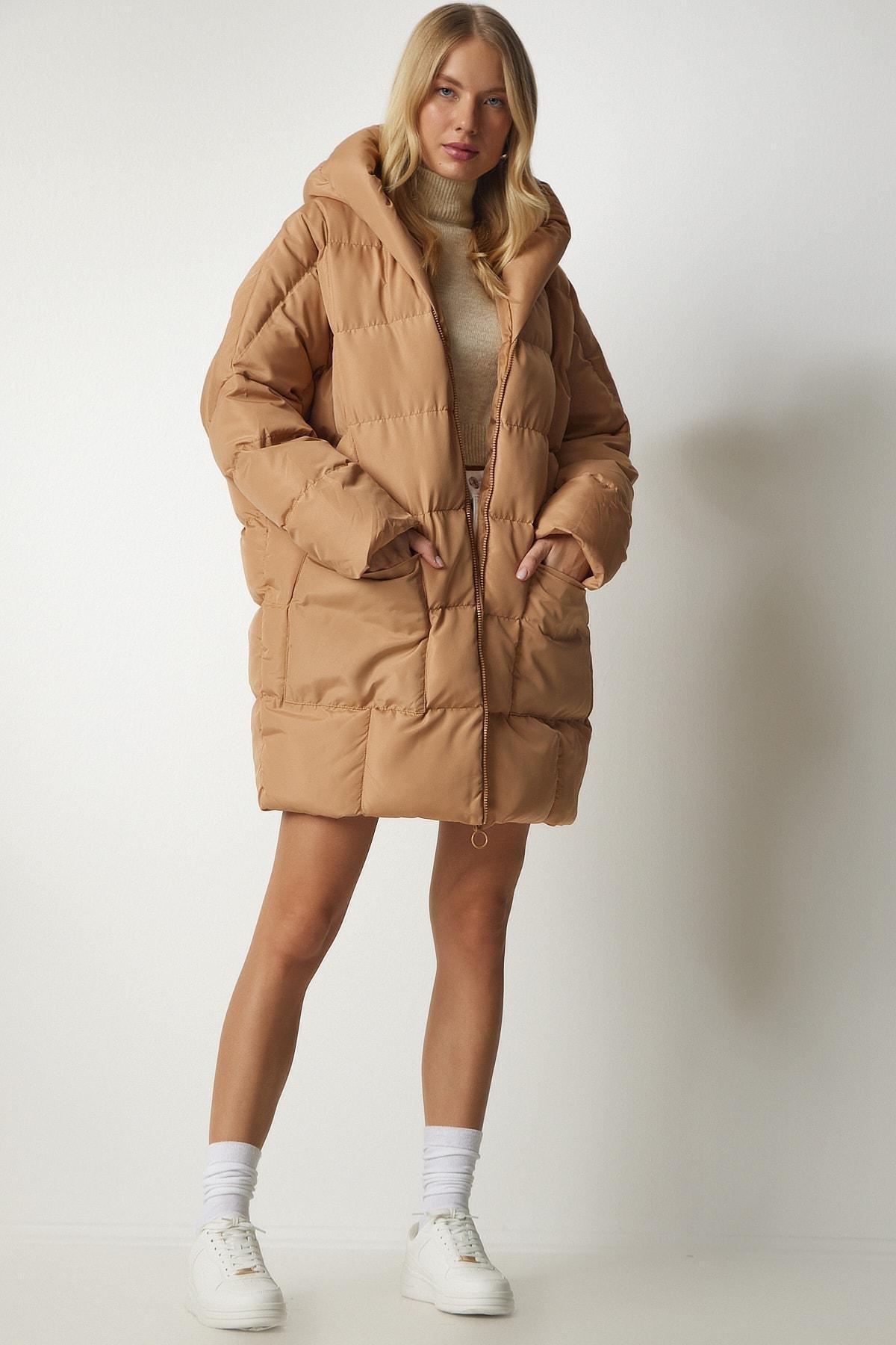 Happiness Istanbul - Beige Hooded Oversized Puffer Coat