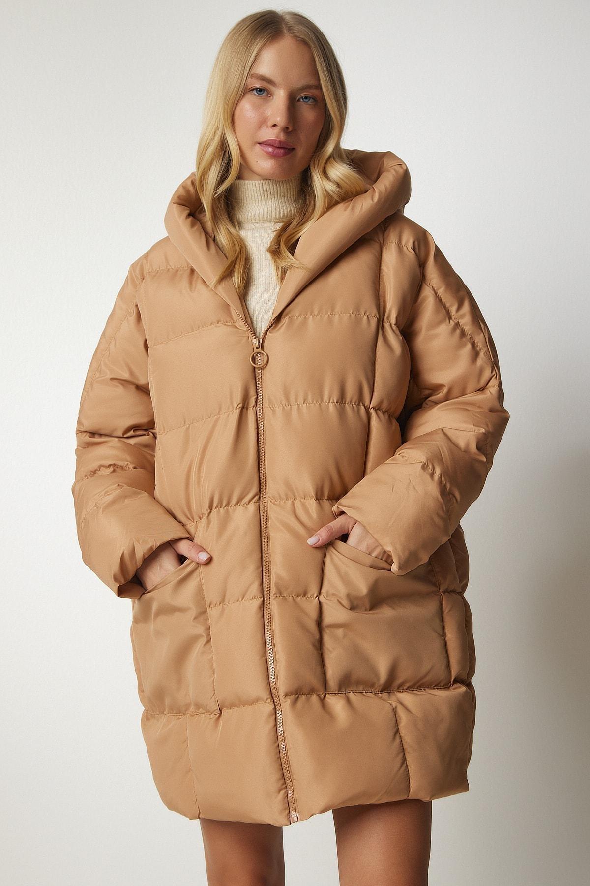 Happiness Istanbul - Beige Hooded Oversized Puffer Coat