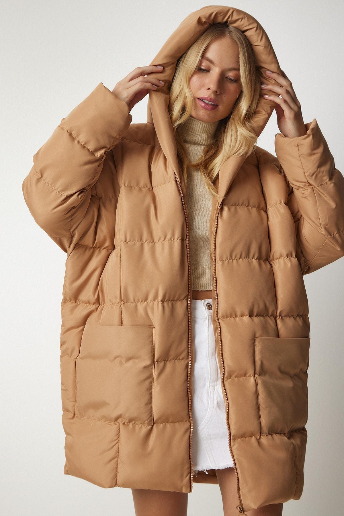 Happiness Istanbul - Beige Hooded Oversized Puffer Coat