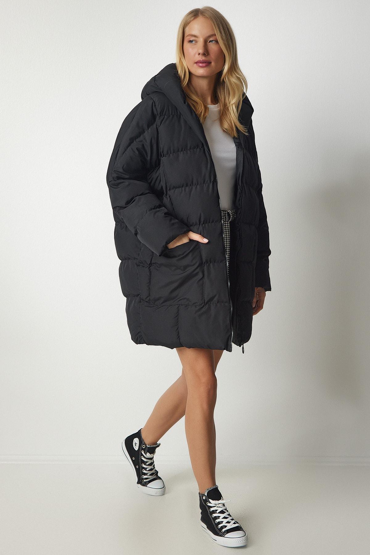 Womens Black Oversized Down Jacket with a Hoodie NT00429, single, , large image number 0