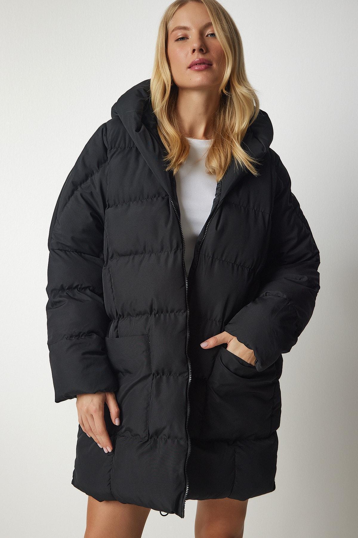 Womens Black Oversized Down Jacket with a Hoodie NT00429, single, , large image number 1