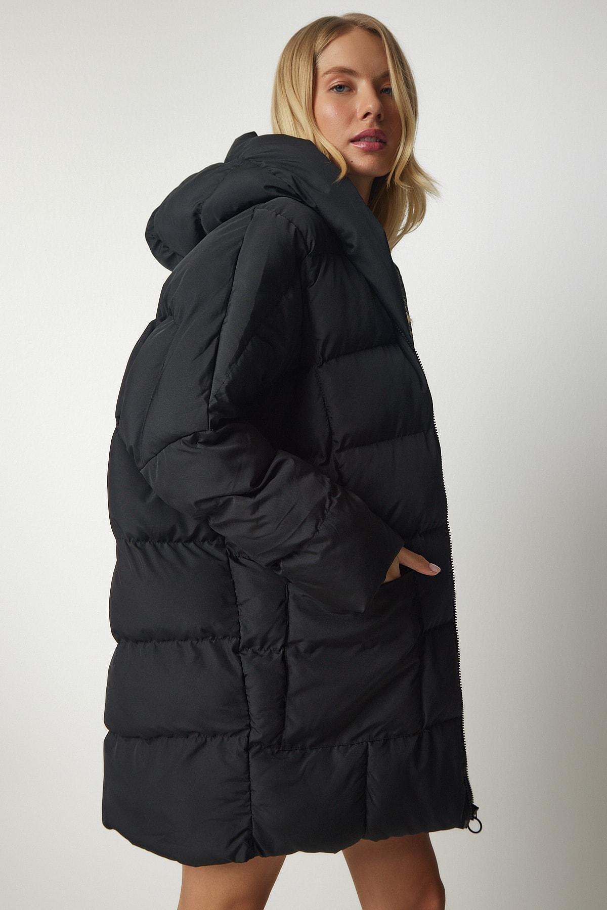 Womens Black Oversized Down Jacket with a Hoodie NT00429, single, , large image number 2