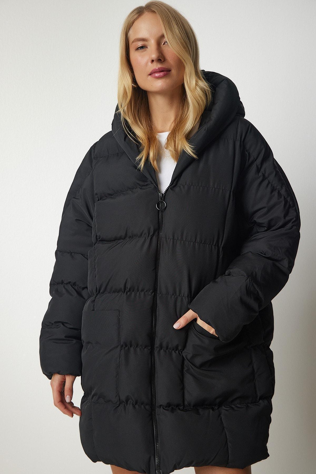 Womens Black Oversized Down Jacket with a Hoodie NT00429, single, , large image number 3
