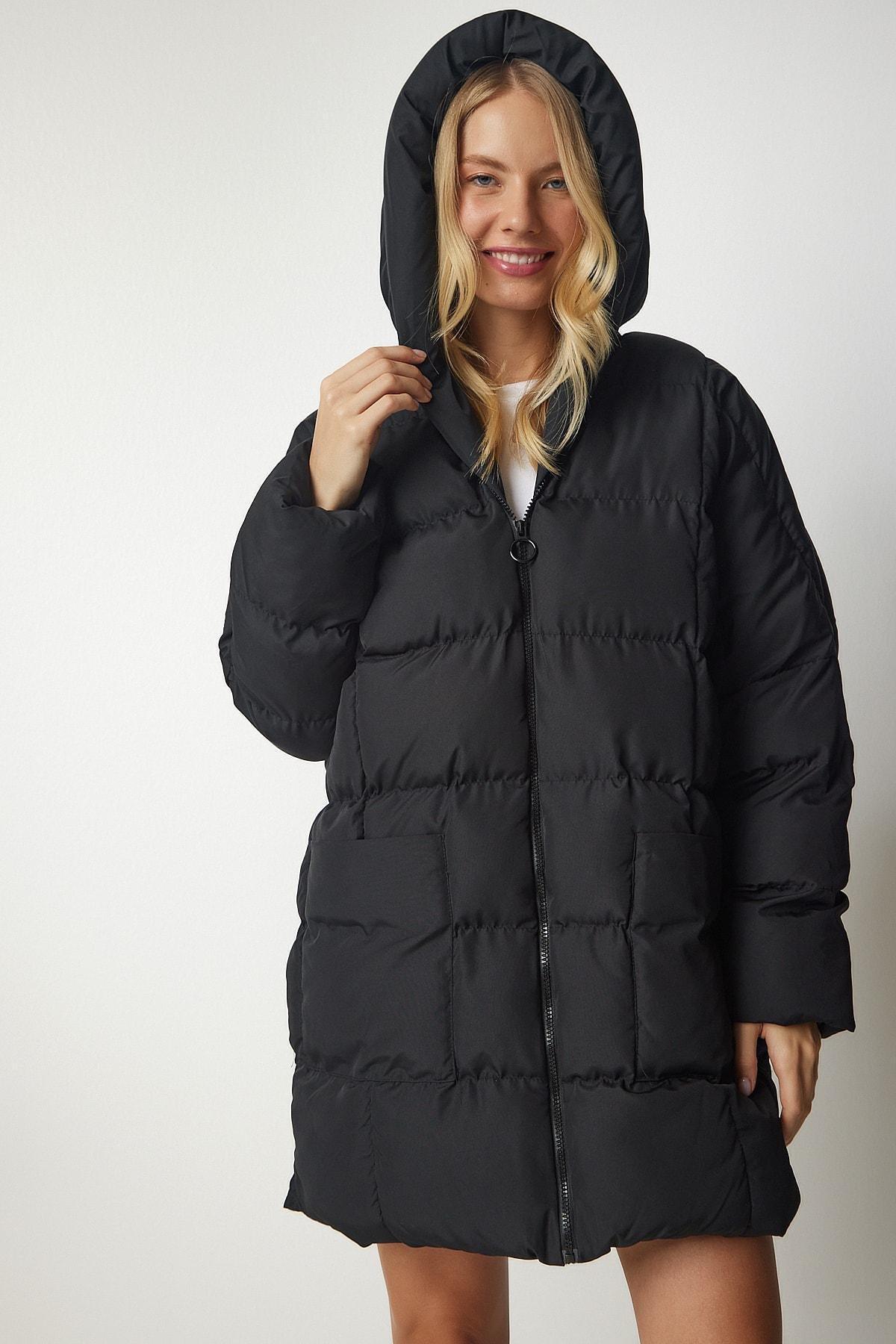 Womens Black Oversized Down Jacket with a Hoodie NT00429, single, , large image number 4