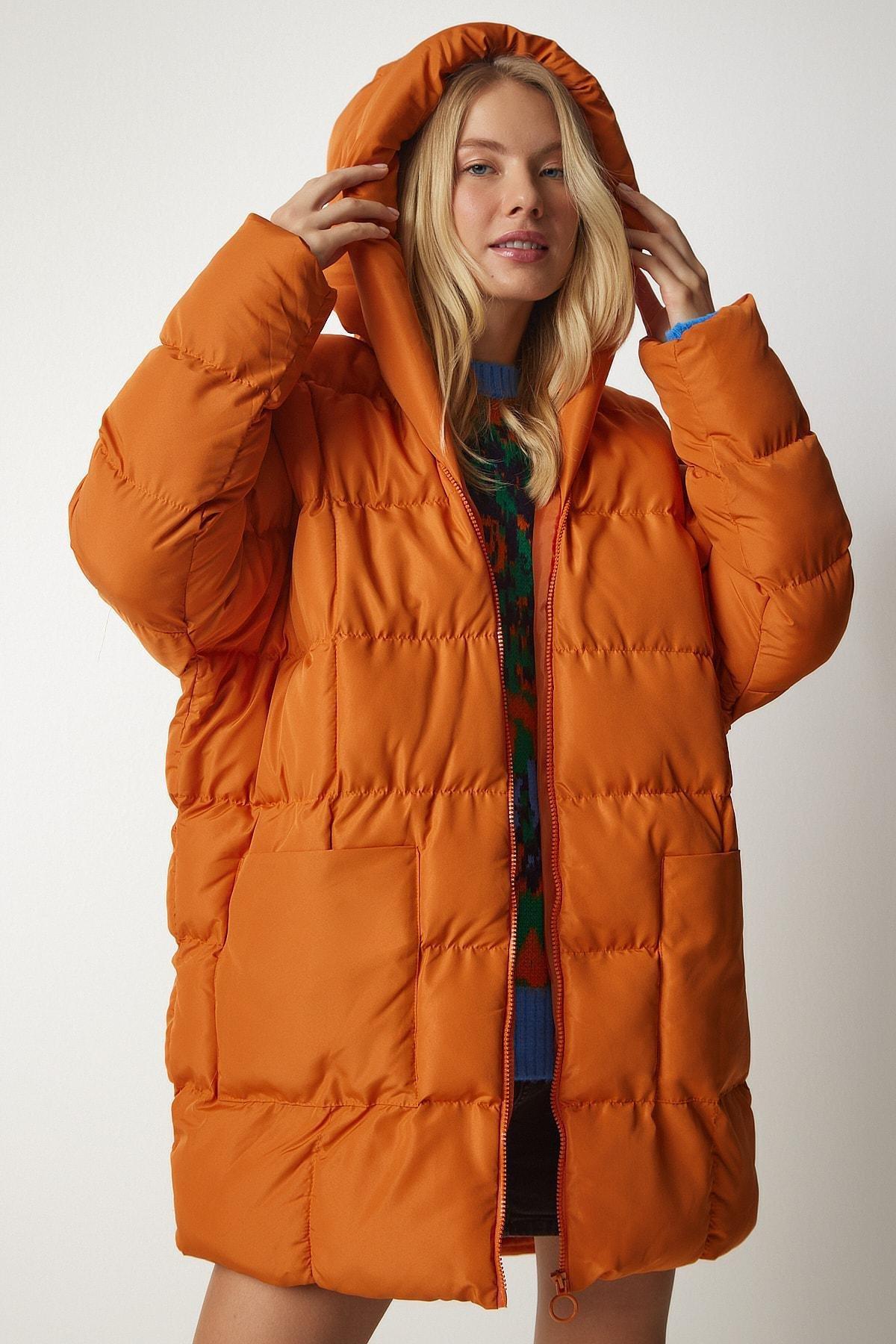 Orange Hooded Oversized Puffer Coat, , large image number 1