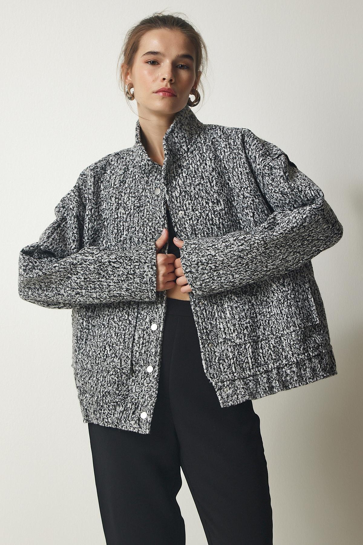 Grey Snap-On Oversize Boucle Jacket, C101_1573, large image number 1