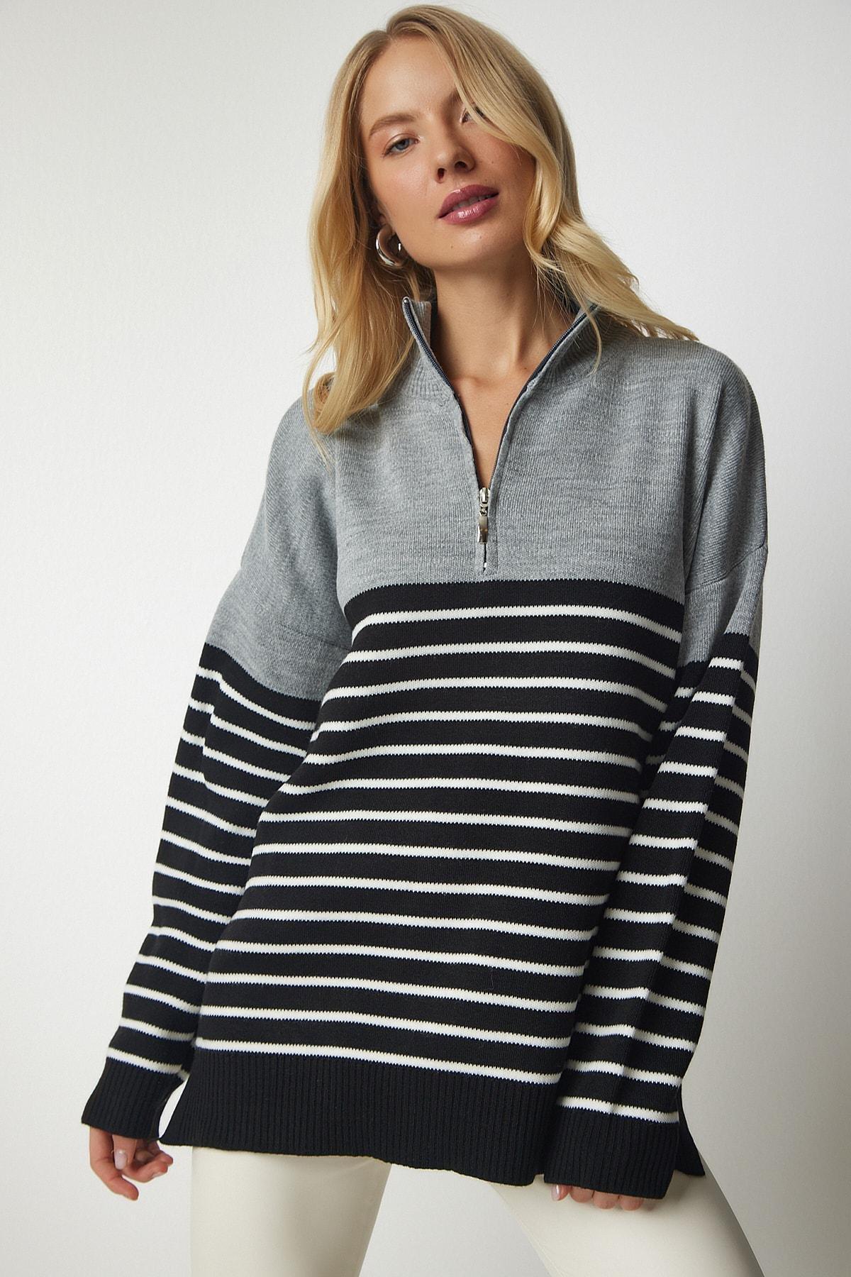 Multicolour Striped Zipper Knitwear Sweater, Gray Black, large image number 0