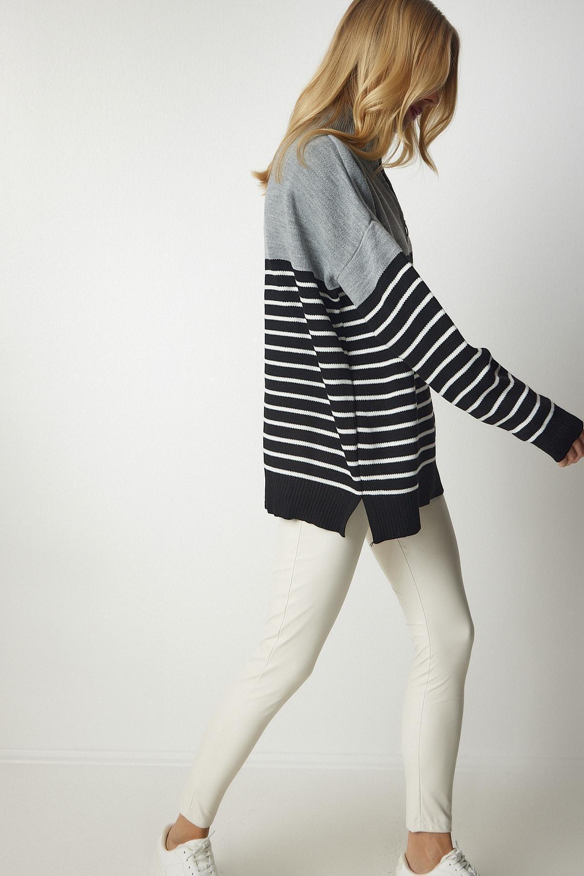 Multicolour Striped Zipper Knitwear Sweater, Gray Black, large image number 1