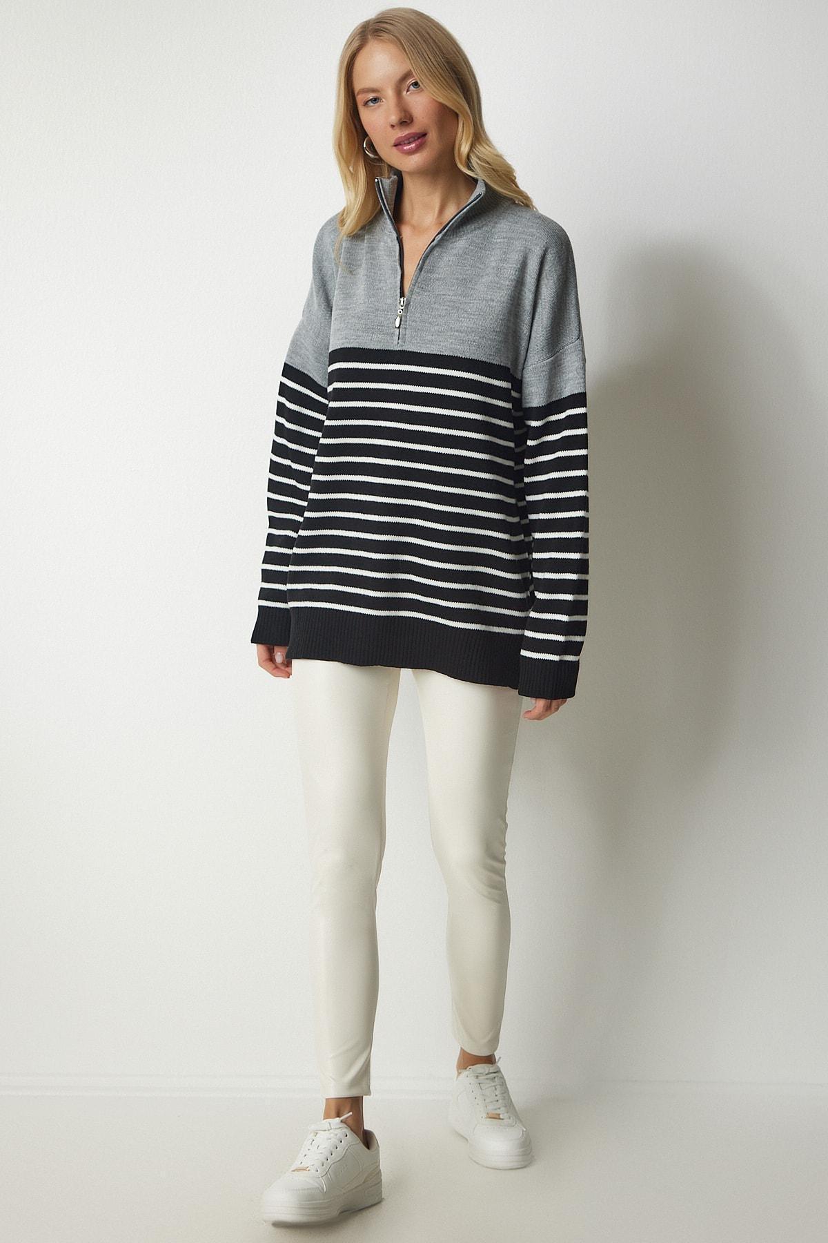 Multicolour Striped Zipper Knitwear Sweater, Gray Black, large image number 2