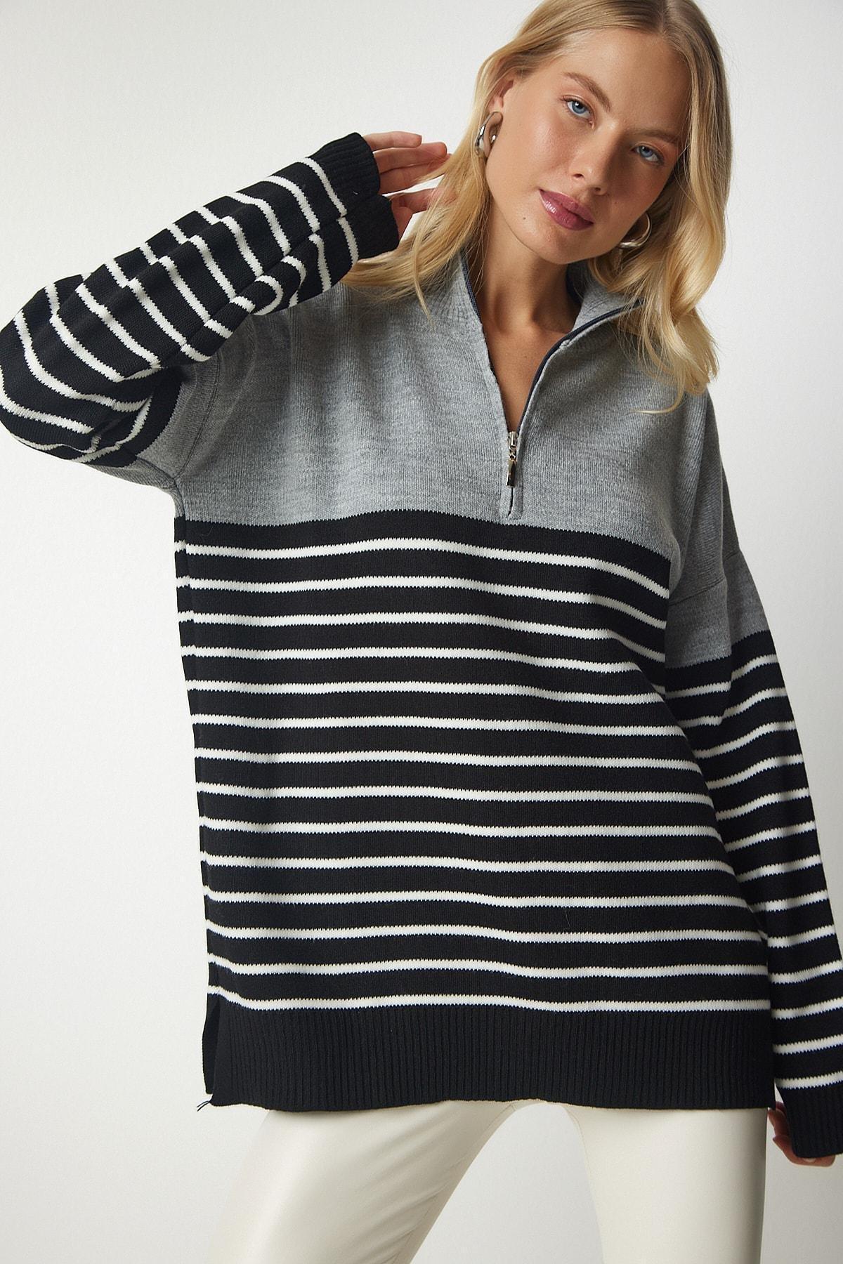 Multicolour Striped Zipper Knitwear Sweater, Gray Black, large image number 3
