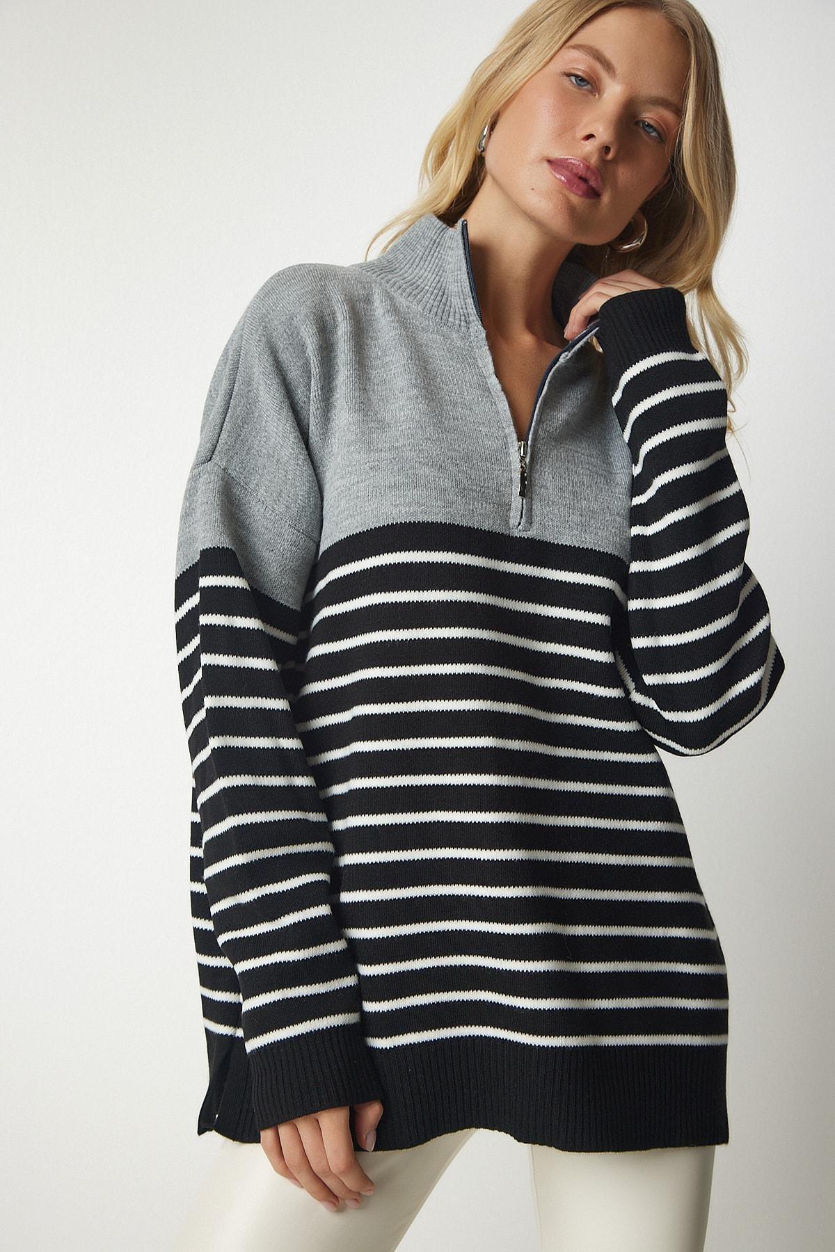 Multicolour Striped Zipper Knitwear Sweater, Gray Black, large image number 4