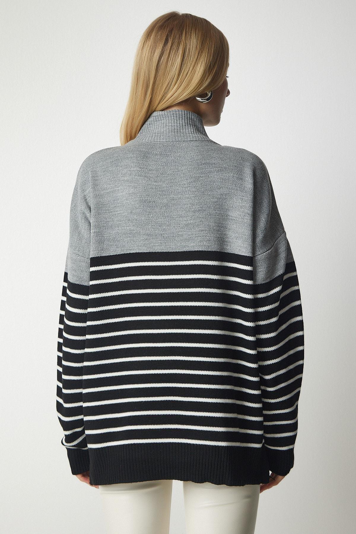 Multicolour Striped Zipper Knitwear Sweater, Gray Black, large image number 5