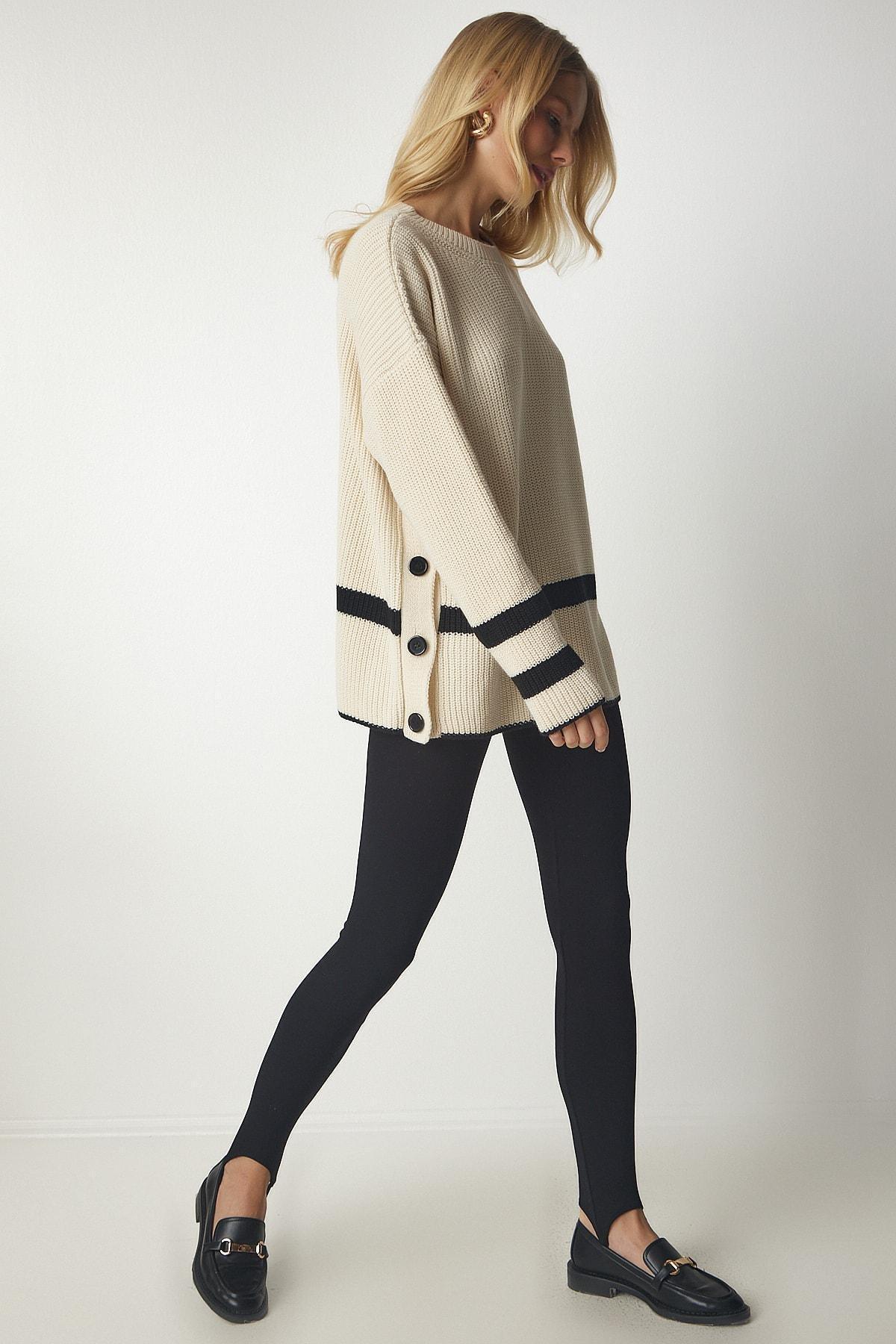 Beige Button Detailed Knitwear Sweater, Cream, large image number 1