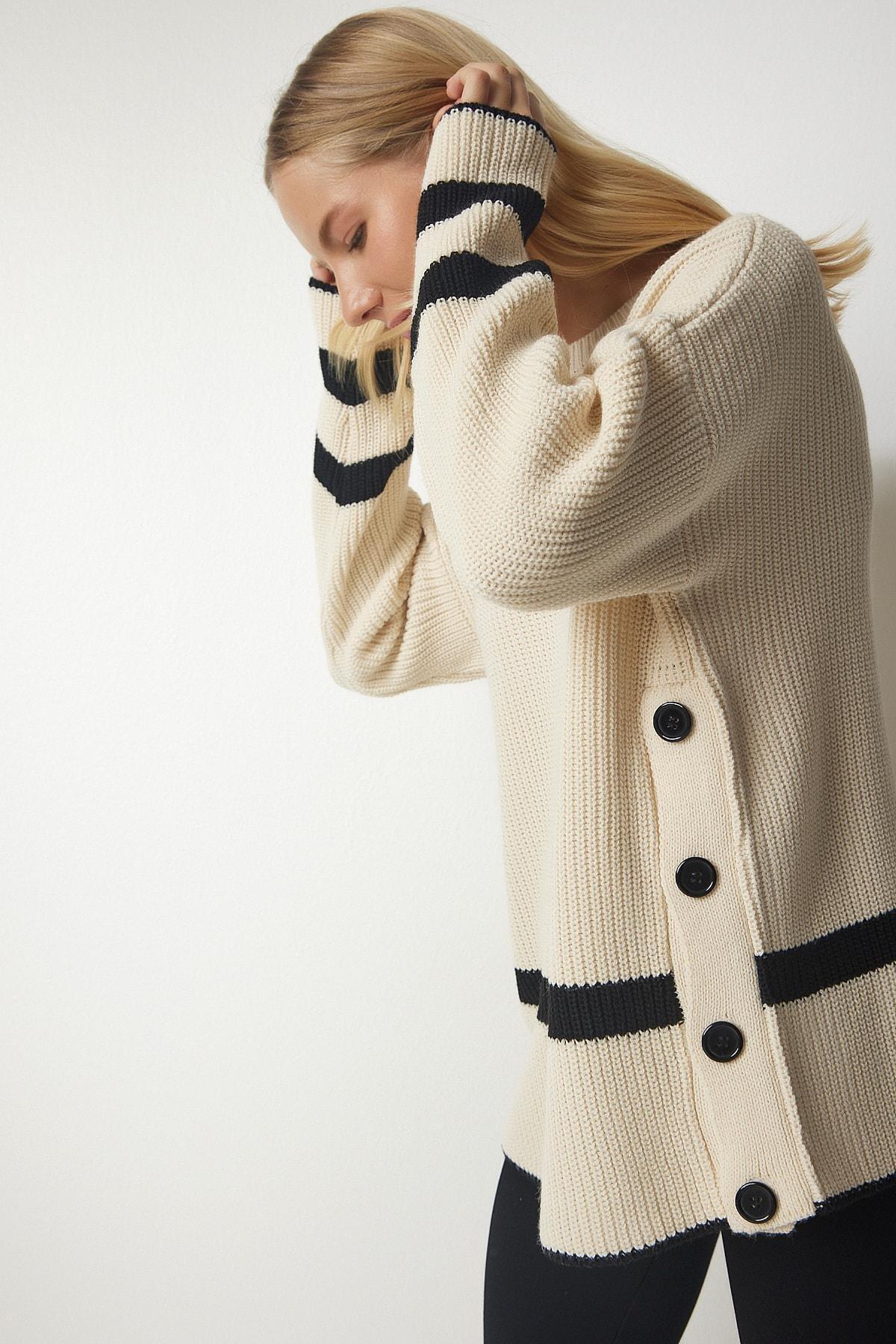 Beige Button Detailed Knitwear Sweater, Cream, large image number 3