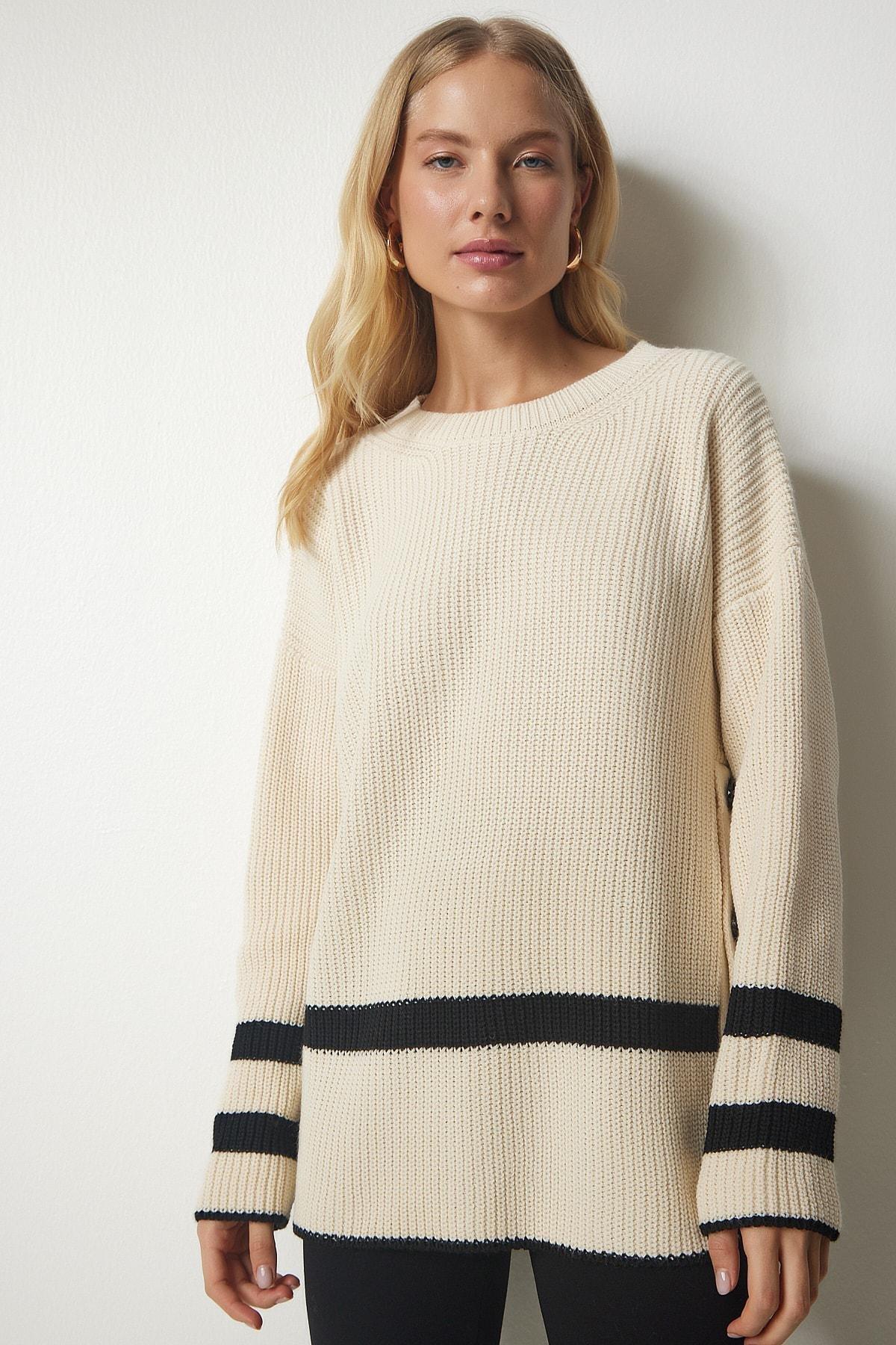 Beige Button Detailed Knitwear Sweater, Cream, large image number 4