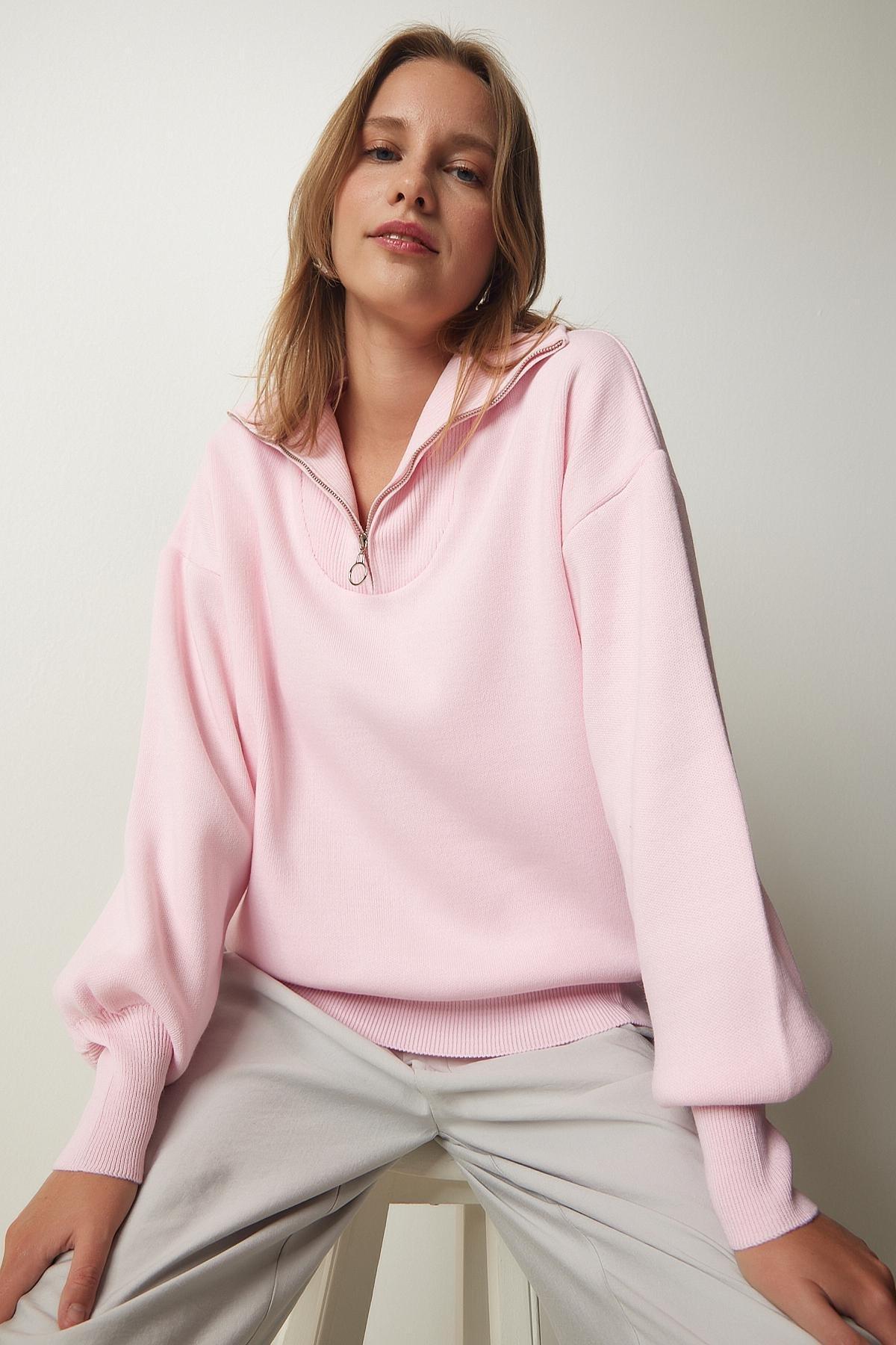 Pink Zipper Knitwear Sweater, LIGHT PINK, large image number 2