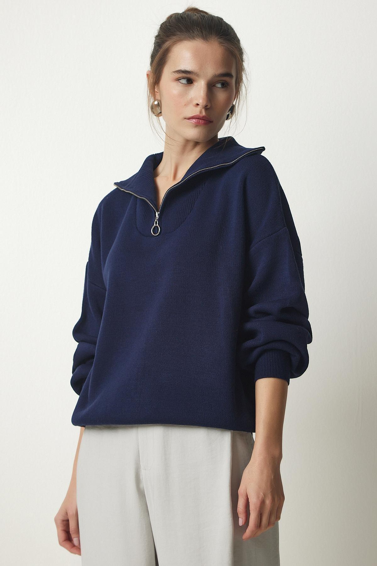 Blue Zipper Collar Knitwear Sweater, Navy blue, large image number 0