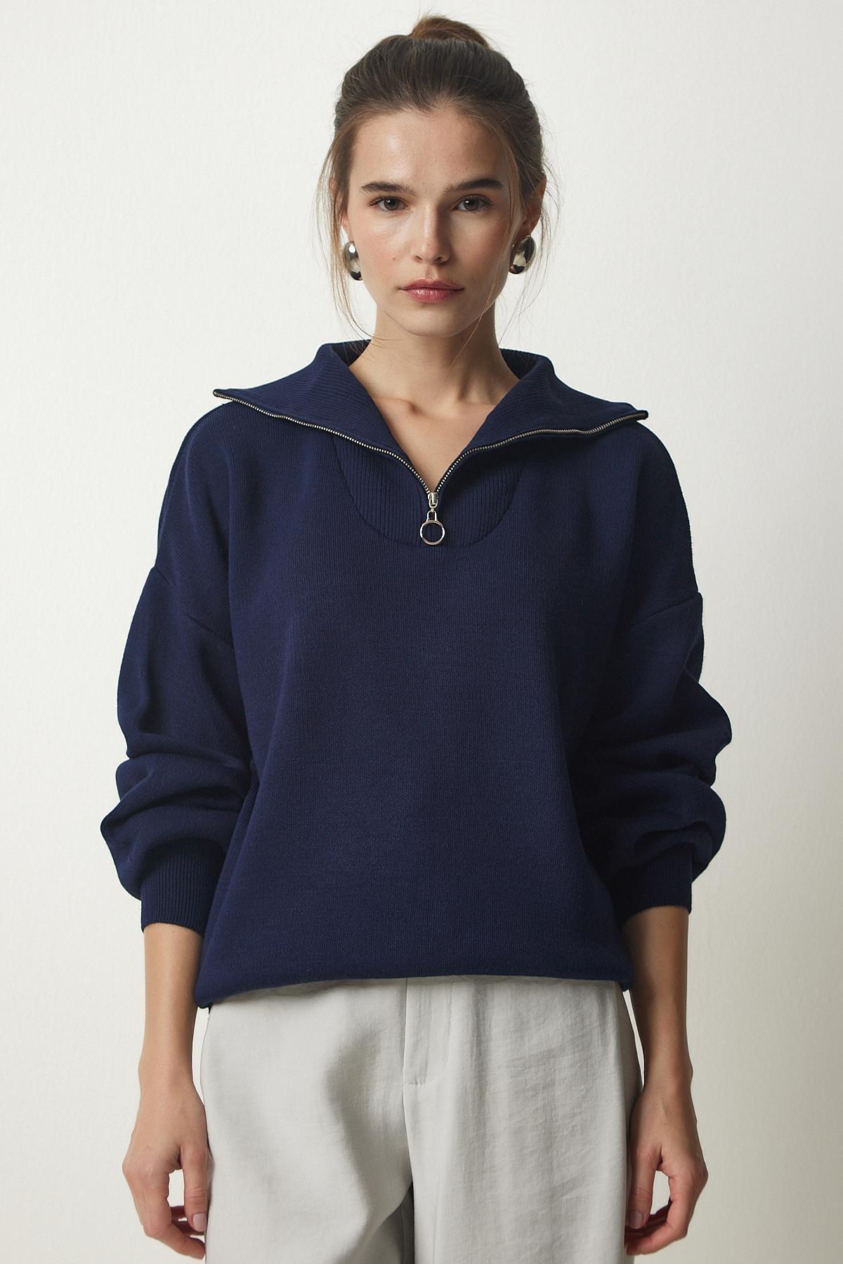 Blue Zipper Collar Knitwear Sweater, Navy blue, large image number 1