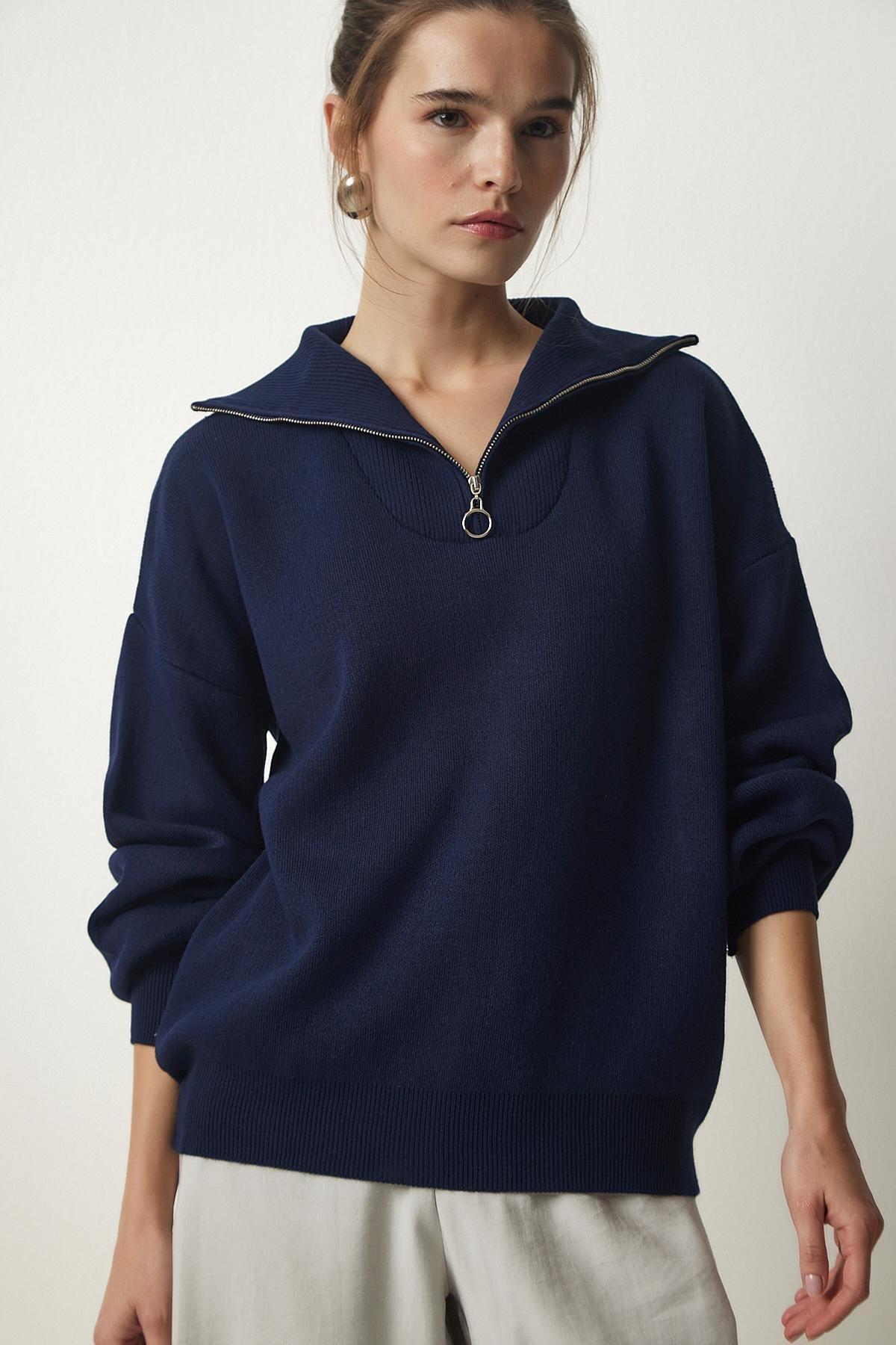 Blue Zipper Collar Knitwear Sweater, Navy blue, large image number 3