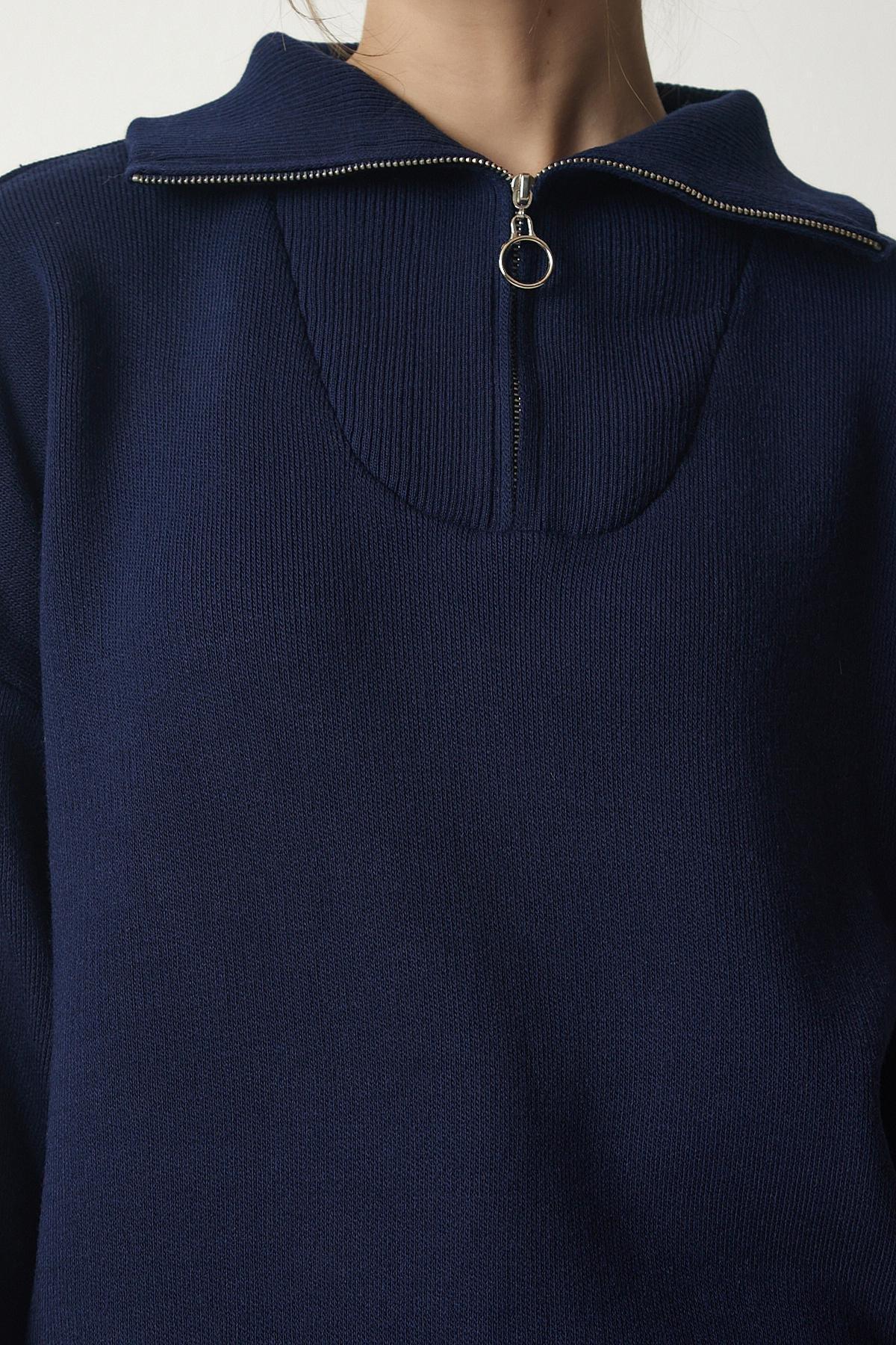 Blue Zipper Collar Knitwear Sweater, Navy blue, large image number 4