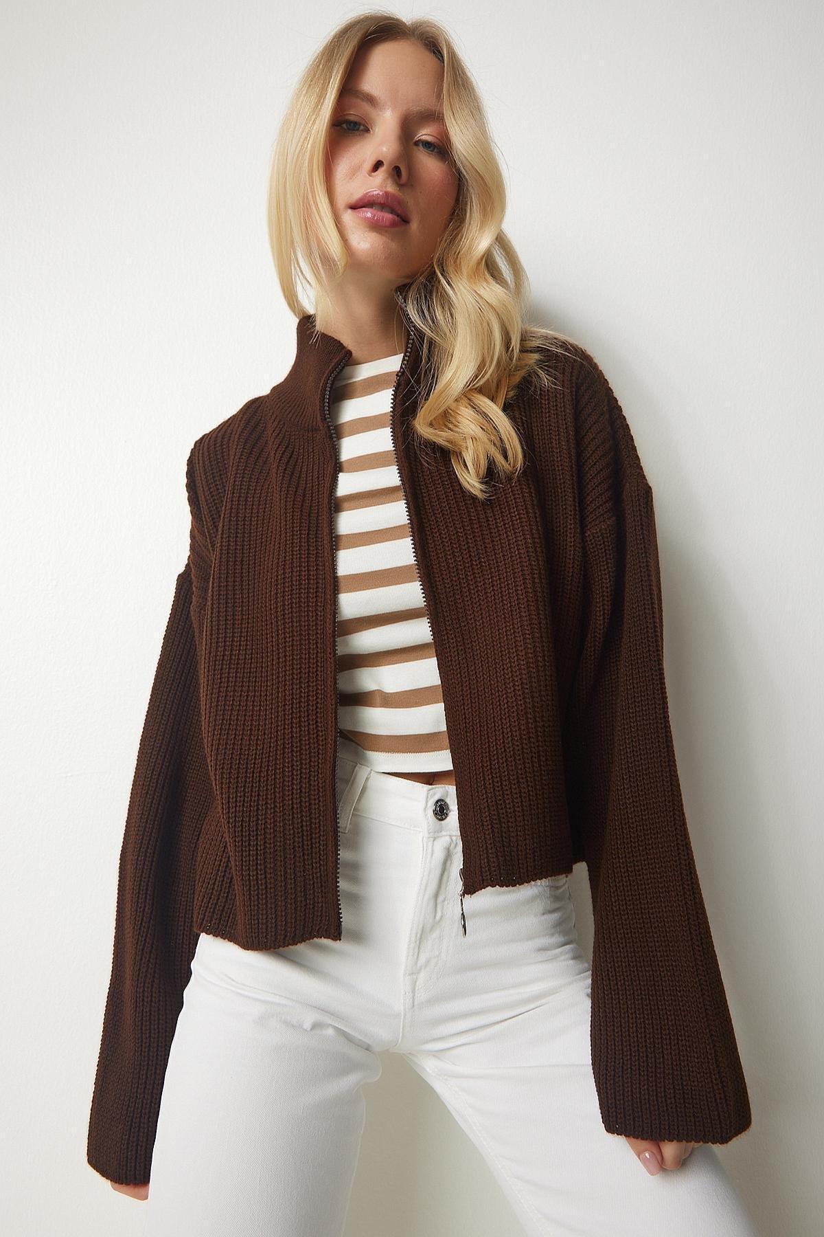 Brown Zippered Knitwear Cardigan, Brown, large image number 0
