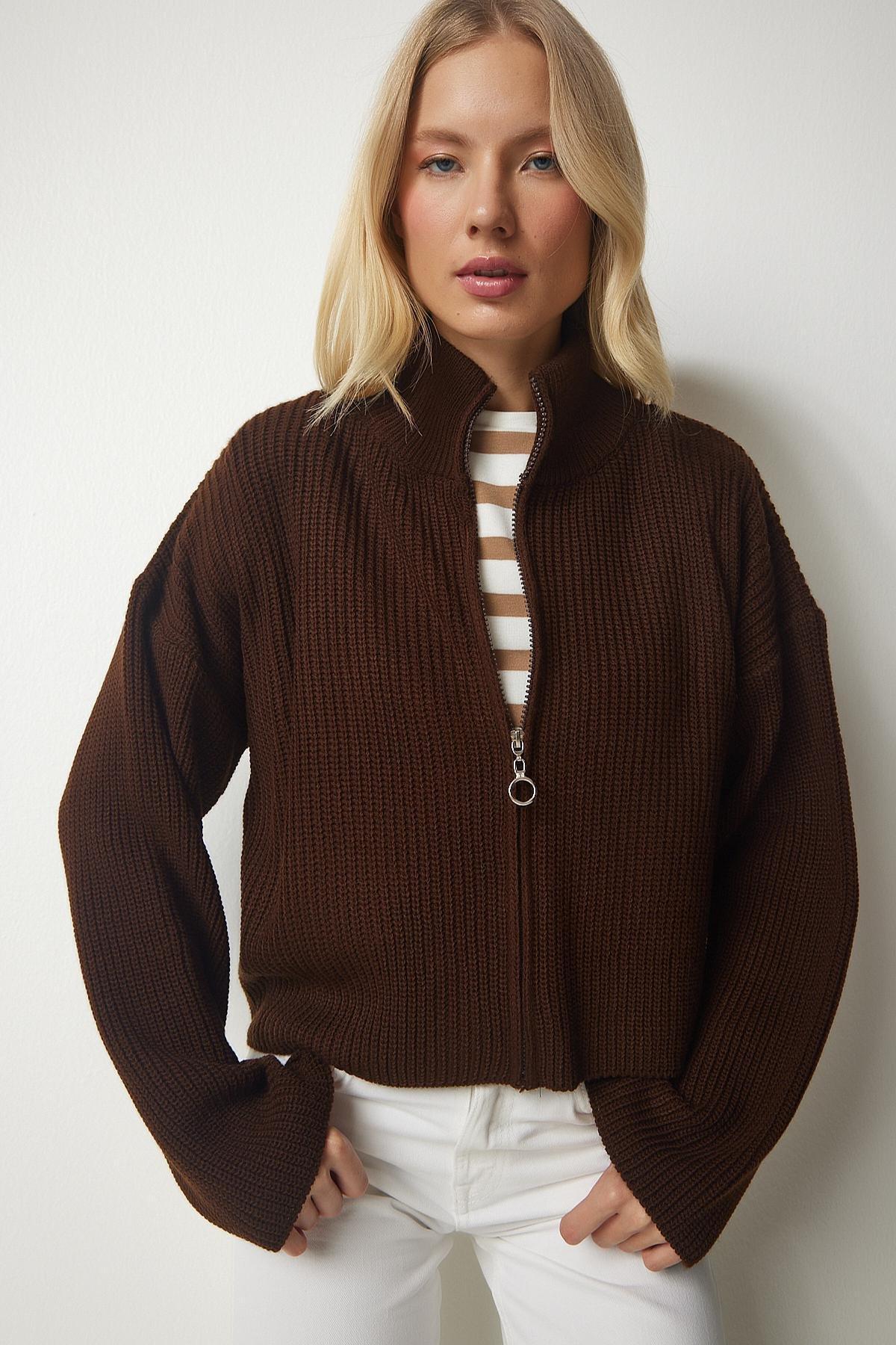 Brown Zippered Knitwear Cardigan, Brown, large image number 1