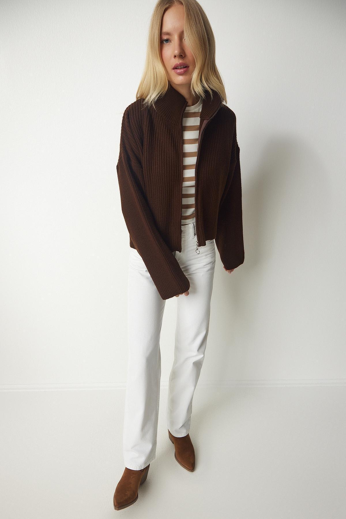 Brown Zippered Knitwear Cardigan, Brown, large image number 2